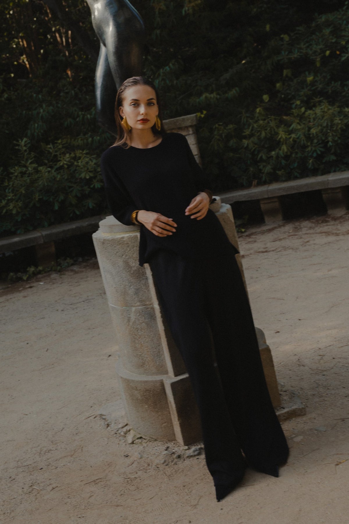 Avery Trousers in Black, baby alpaca wide-leg knit trousers by Ahblo, front view