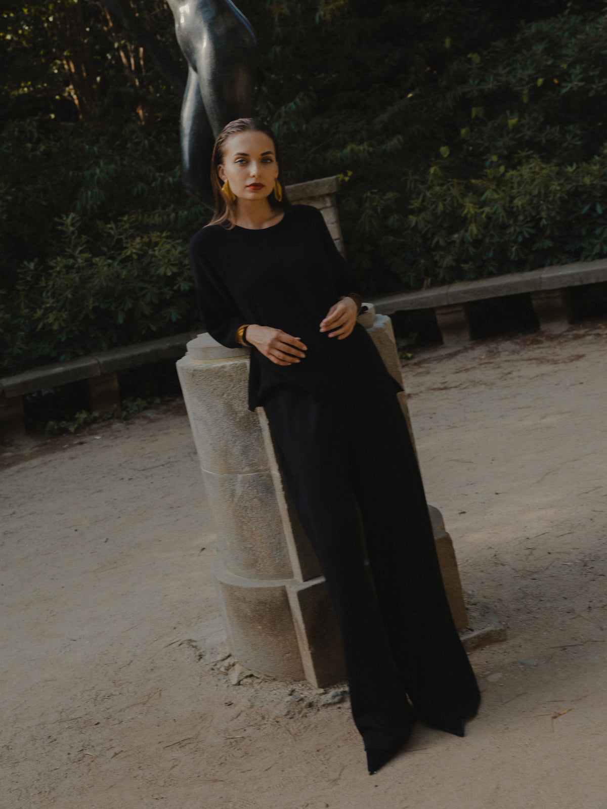 Avery Trousers in Black, baby alpaca wide-leg knit trousers by Ahblo, front view