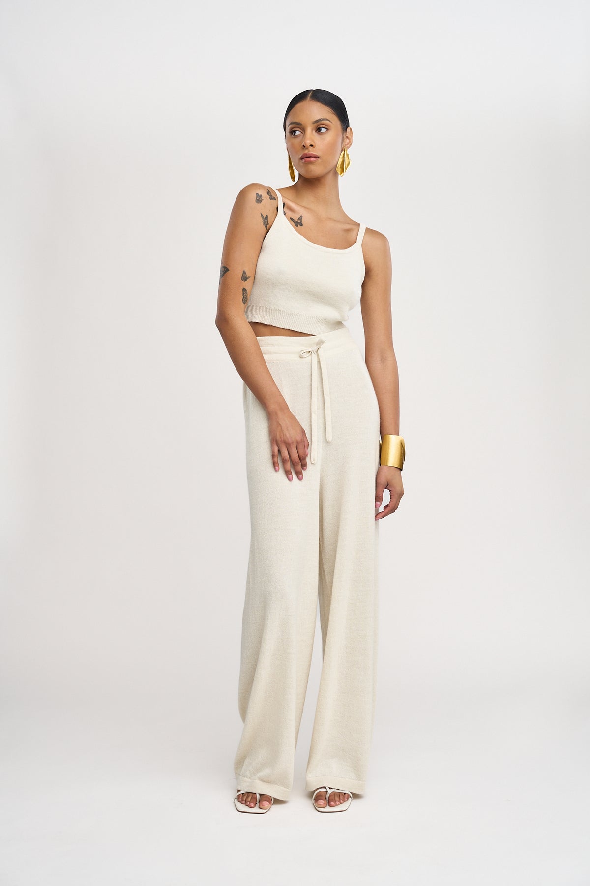 Avery Trousers in Cream, baby alpaca wide-leg knit trousers by Ahblo, front view