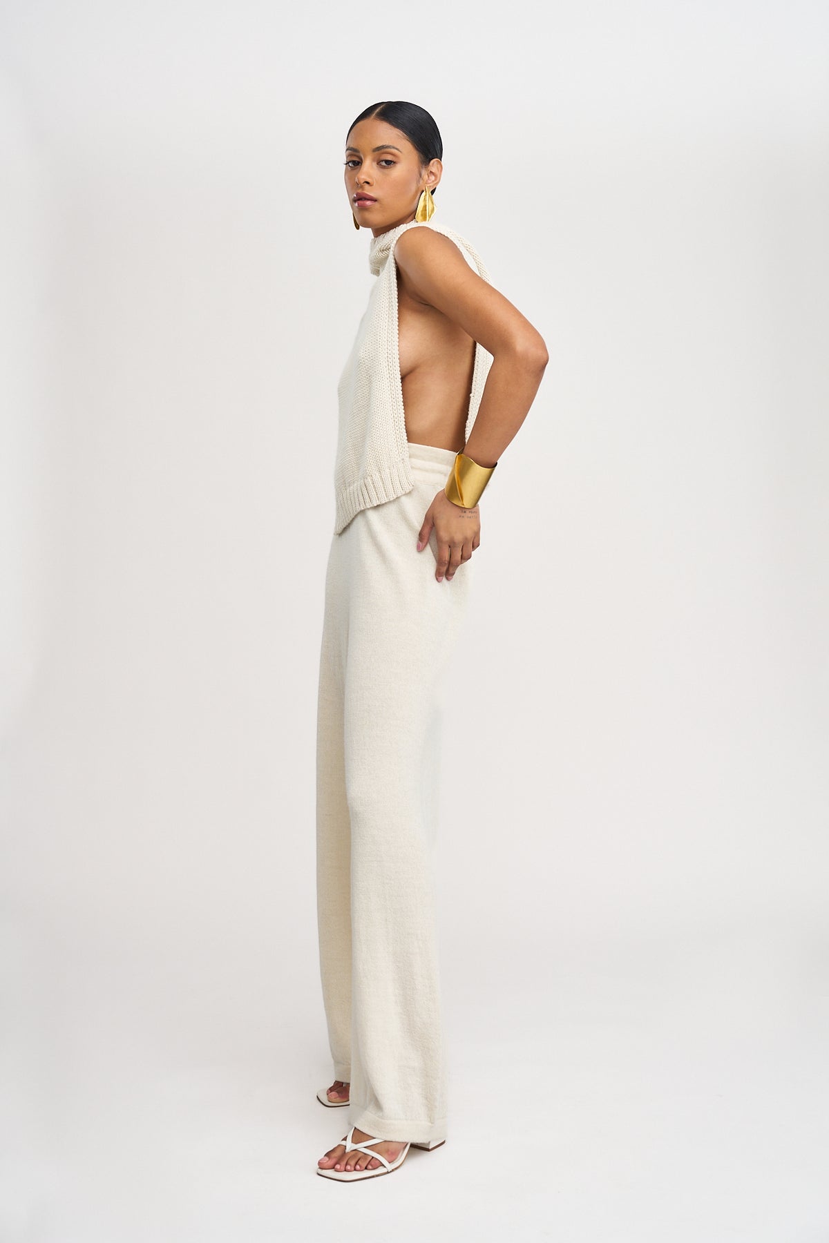 Avery Trousers in Cream, baby alpaca wide-leg knit trousers by Ahblo, side view