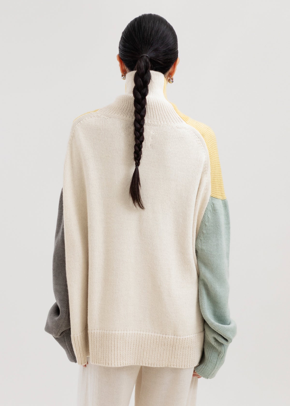 Cedar Colorblock Sweater in Buttercream Mix, oversized baby alpaca colorblock turtleneck sweater by Ahblo, worn by model
