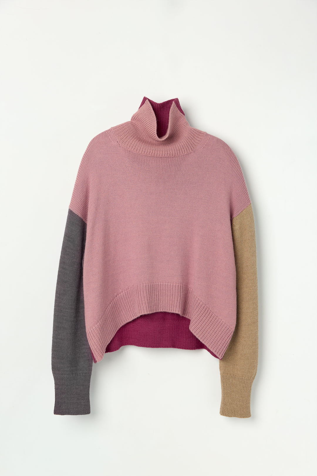 Cedar Colorblock Sweater in Soft Blush Mix, oversized baby alpaca colorblock turtleneck sweater by Ahblo, flat lay