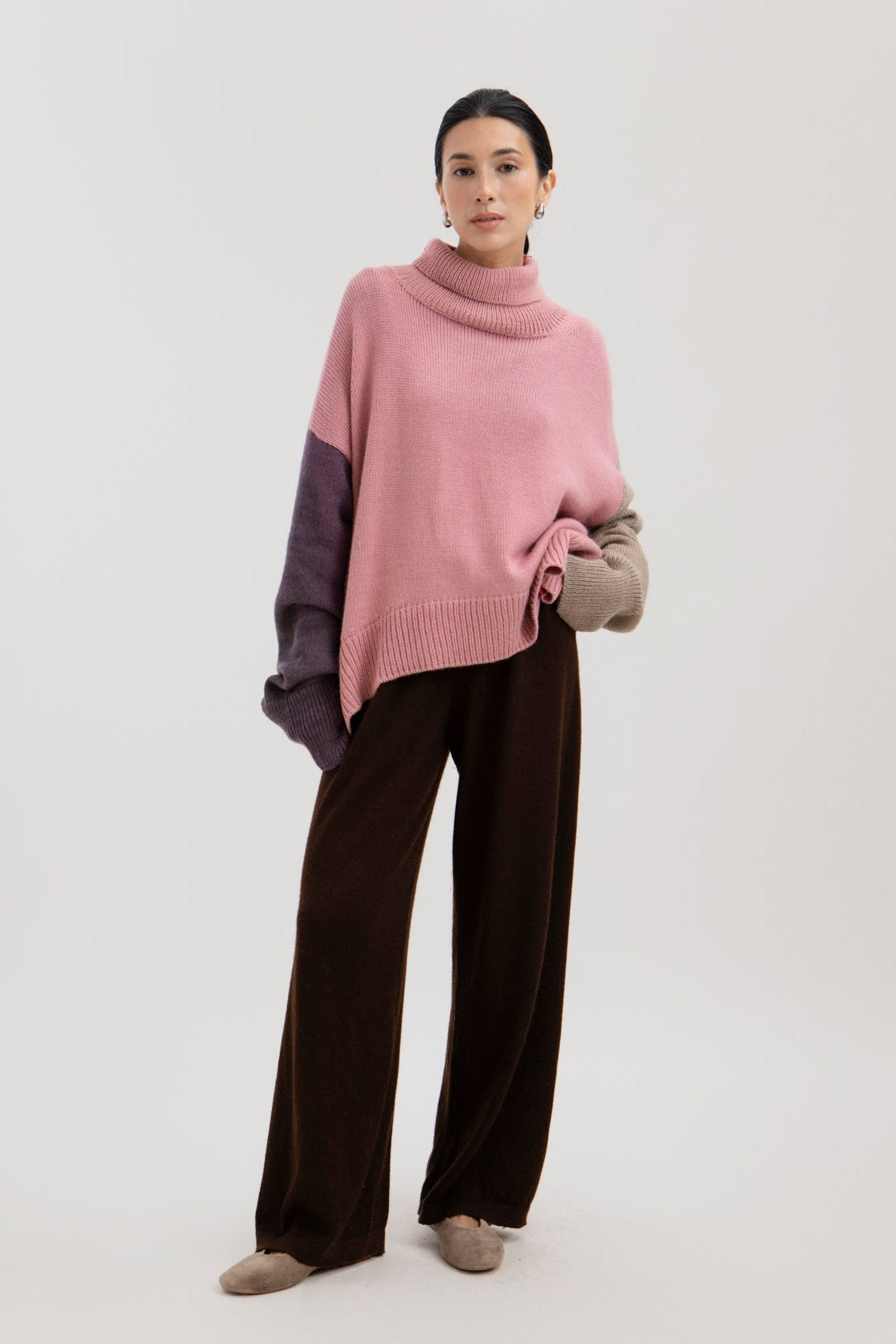 Cedar Colorblock Sweater in Soft Blush Mix, oversized baby alpaca colorblock turtleneck sweater by Ahblo, worn by model