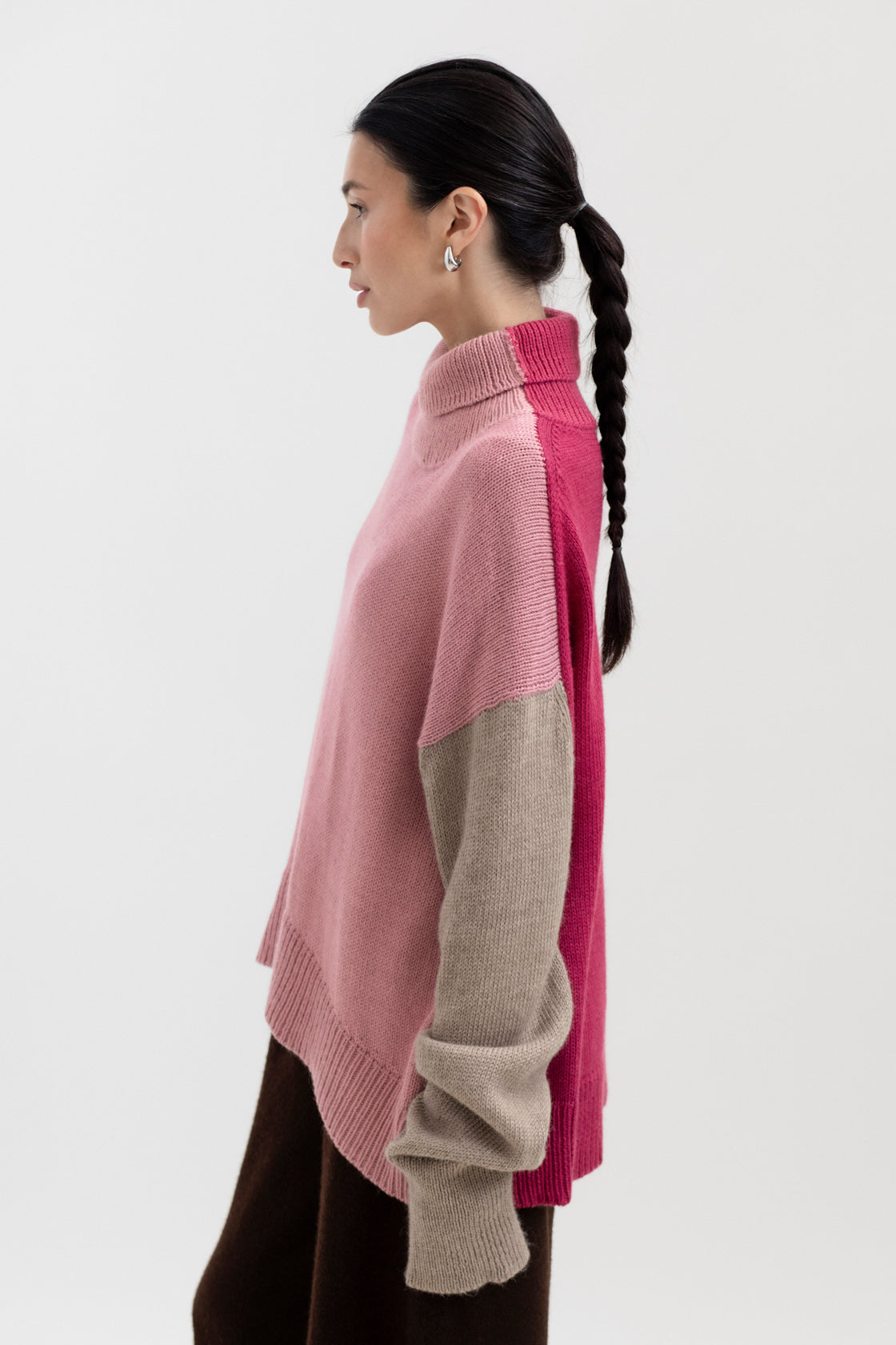 Cedar Colorblock Sweater in Soft Blush Mix, oversized baby alpaca colorblock turtleneck sweater by Ahblo, worn by model