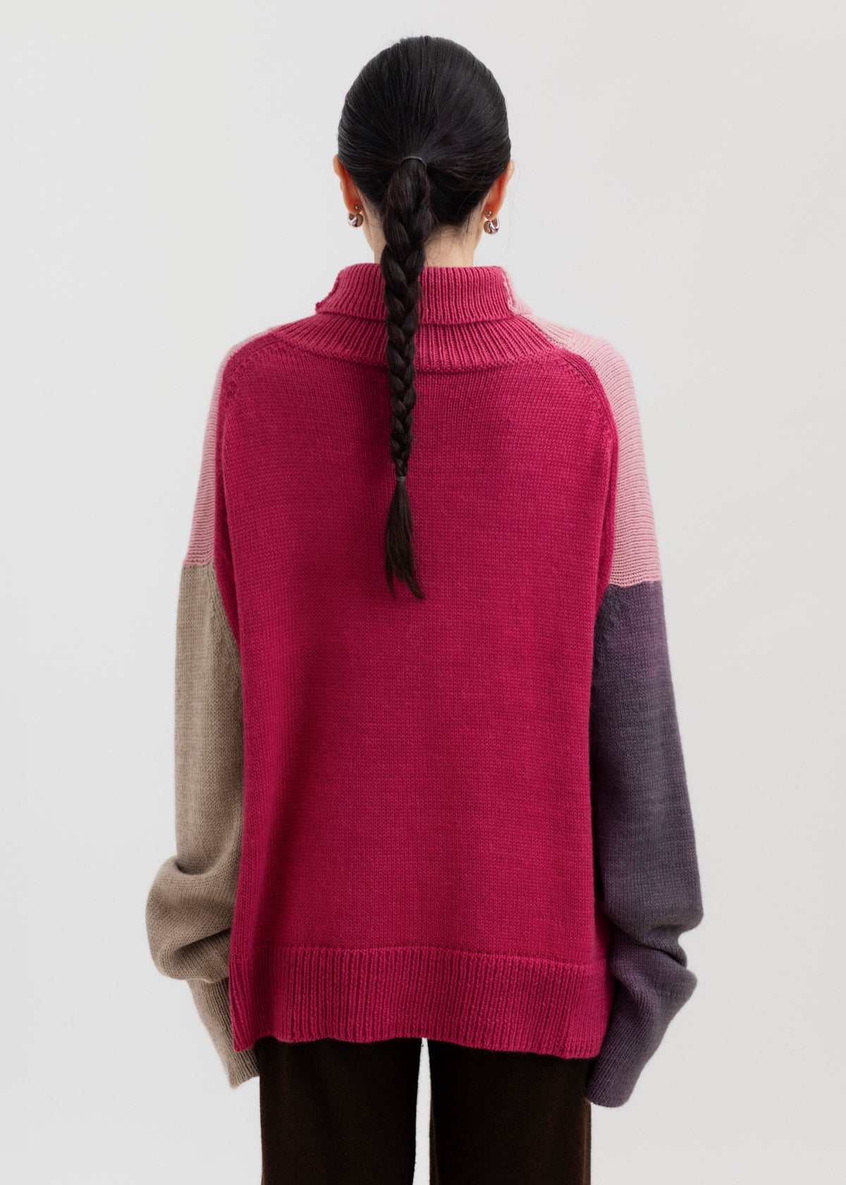 Cedar Colorblock Sweater in Soft Blush Mix, oversized baby alpaca colorblock turtleneck sweater by Ahblo, worn by model