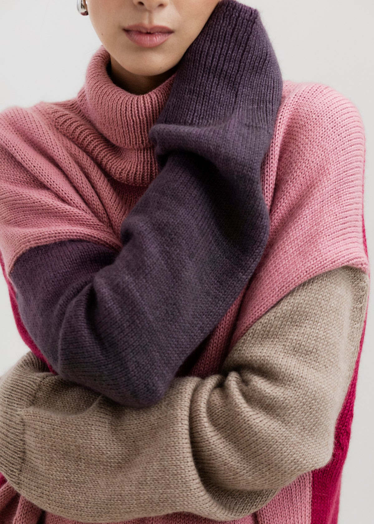 Cedar Colorblock Sweater in Soft Blush Mix, oversized baby alpaca colorblock turtleneck sweater by Ahblo, worn by model