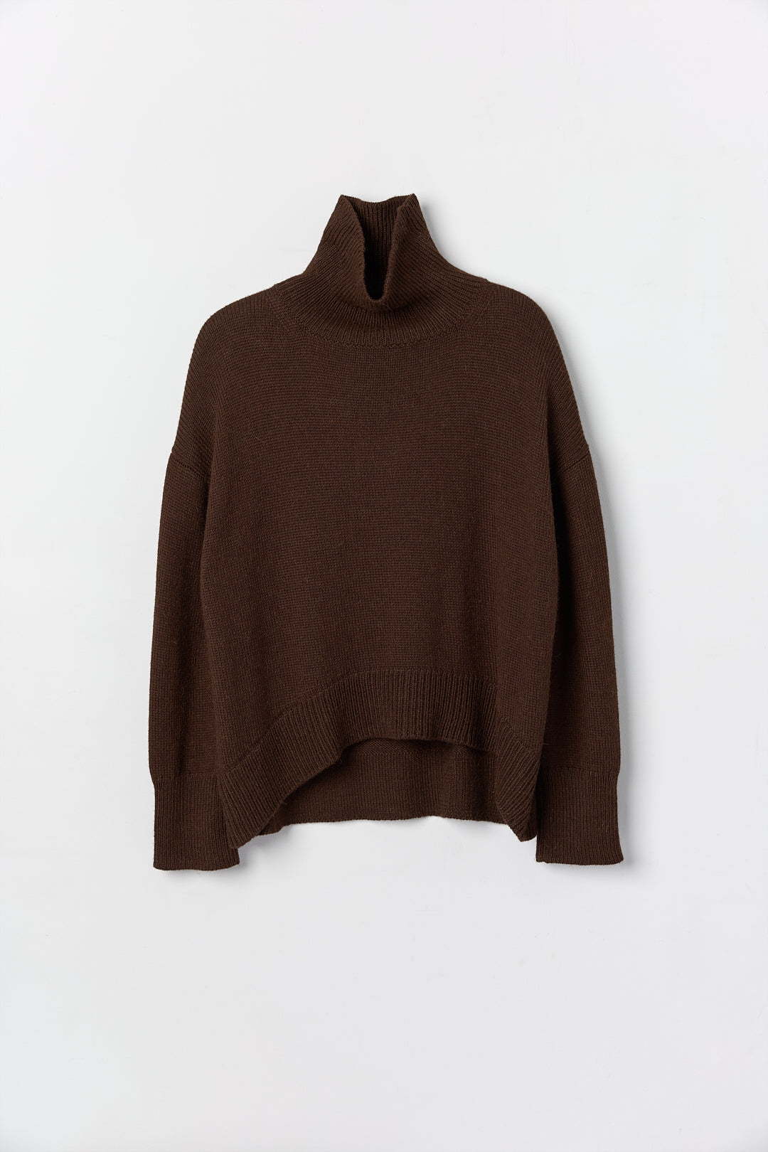 Cedar Sweater in Chocolate Brown, oversized baby alpaca turtleneck sweater by Ahblo, flat lay