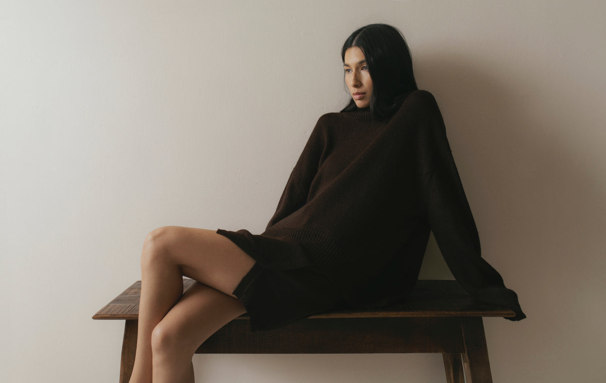 Cedar Sweater in Chocolate Brown, oversized baby alpaca turtleneck sweater by Ahblo, worn by model