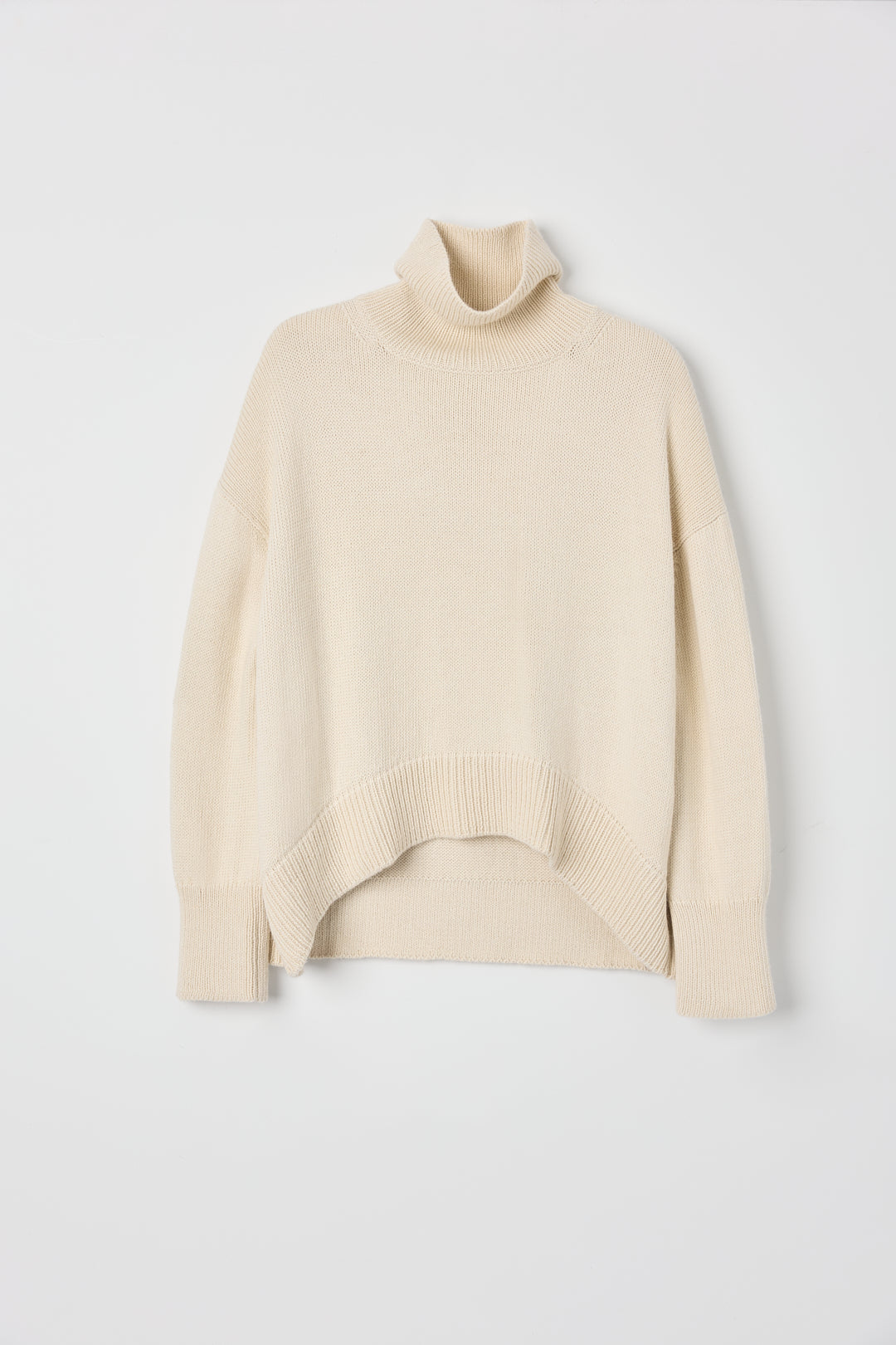 Cedar Sweater in Cream, oversized baby alpaca turtleneck sweater by Ahblo, flat lay