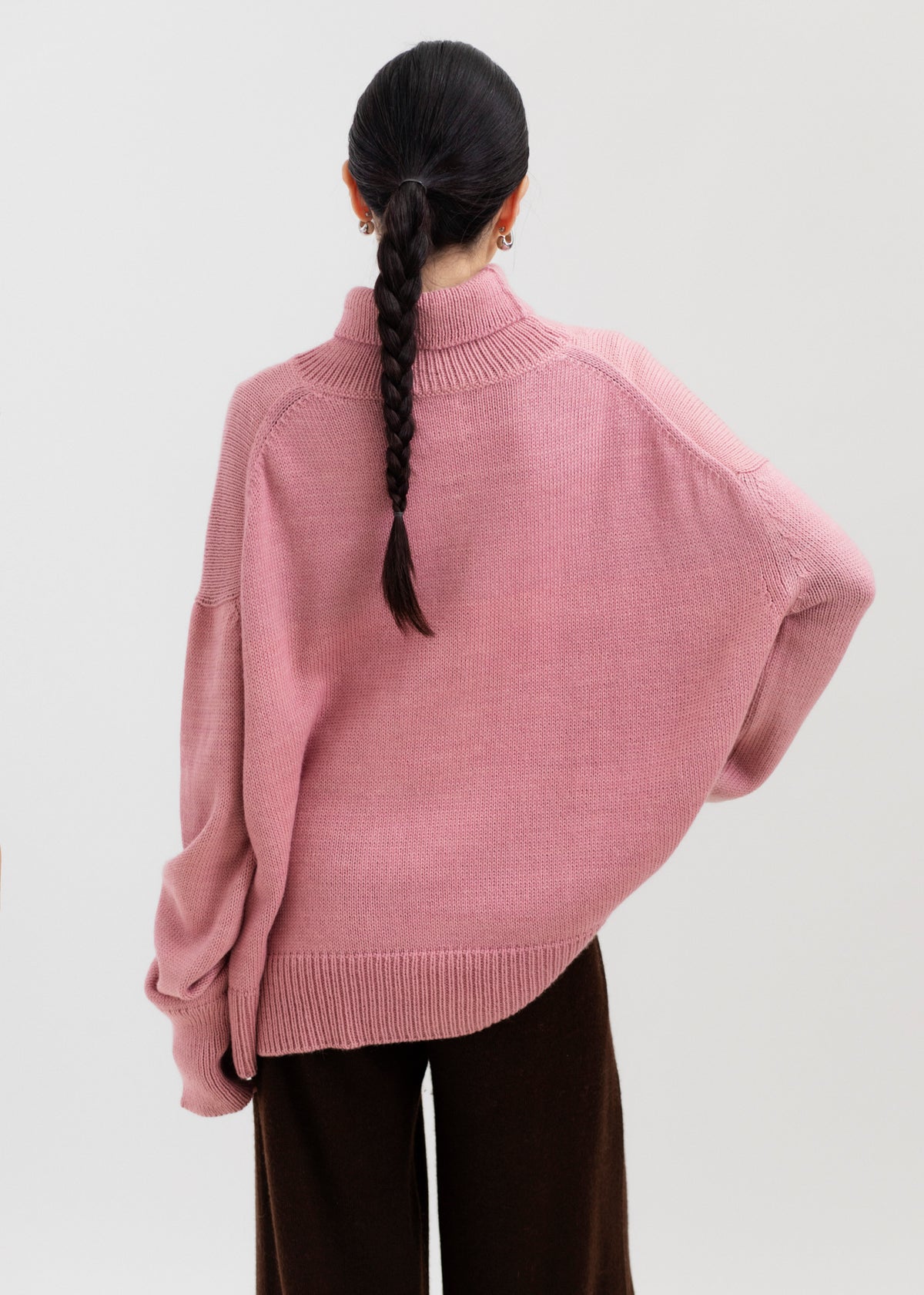 Cedar Sweater in Soft Blush, oversized baby alpaca turtleneck sweater by Ahblo, worn by model