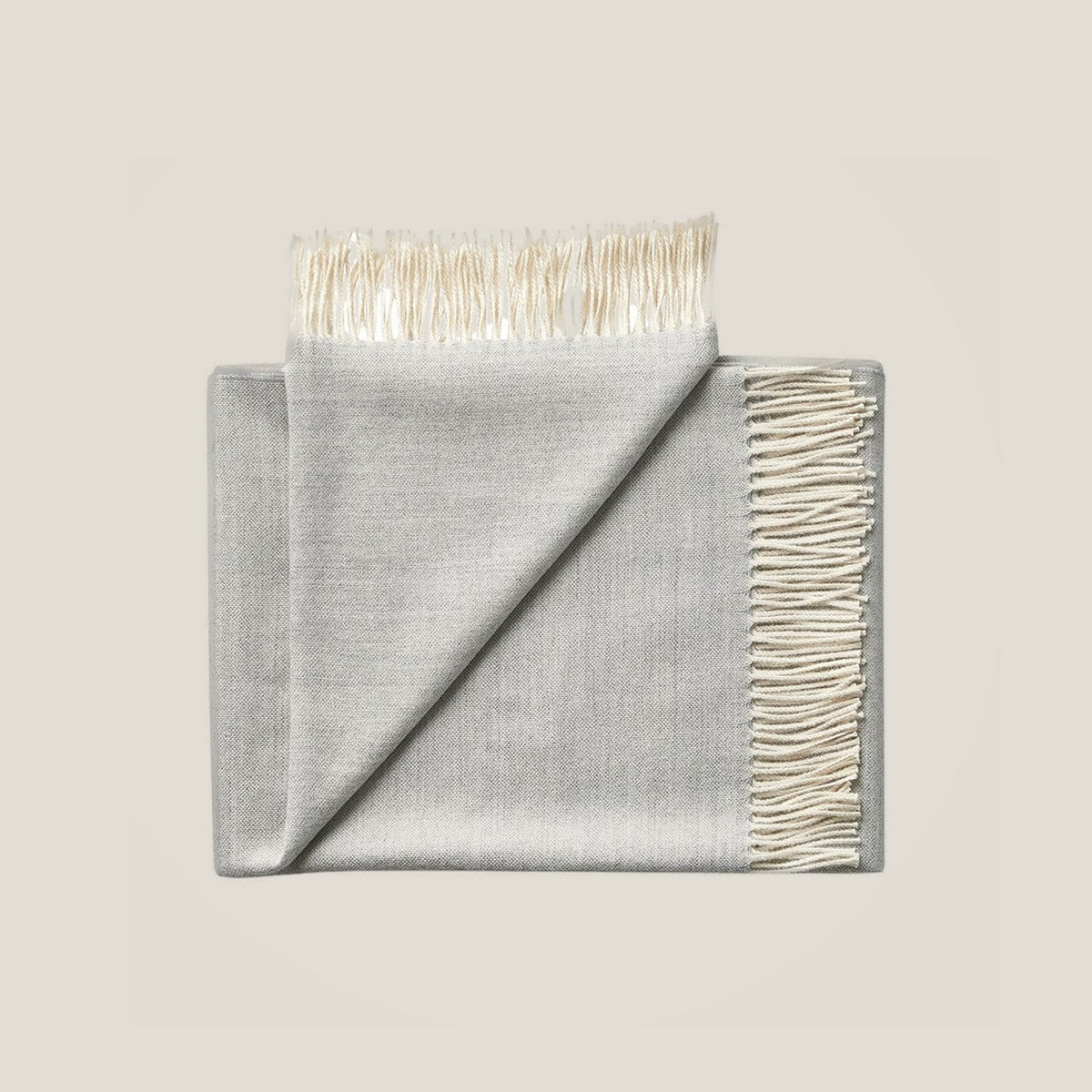 Elia Throw in Mist Grey, baby alpaca throw blanket by Ahblo, flat lay