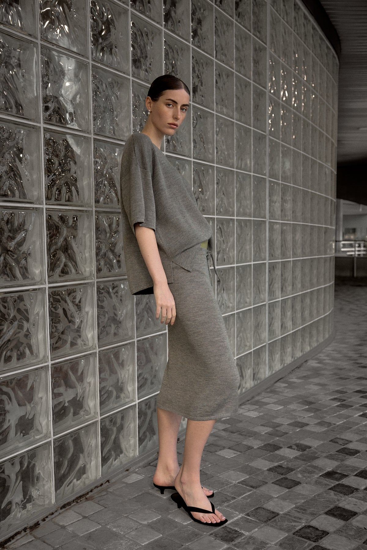 Elise Midi Skirt in Mist Grey, alpaca knit midi skirt by Ahblo, worn by model