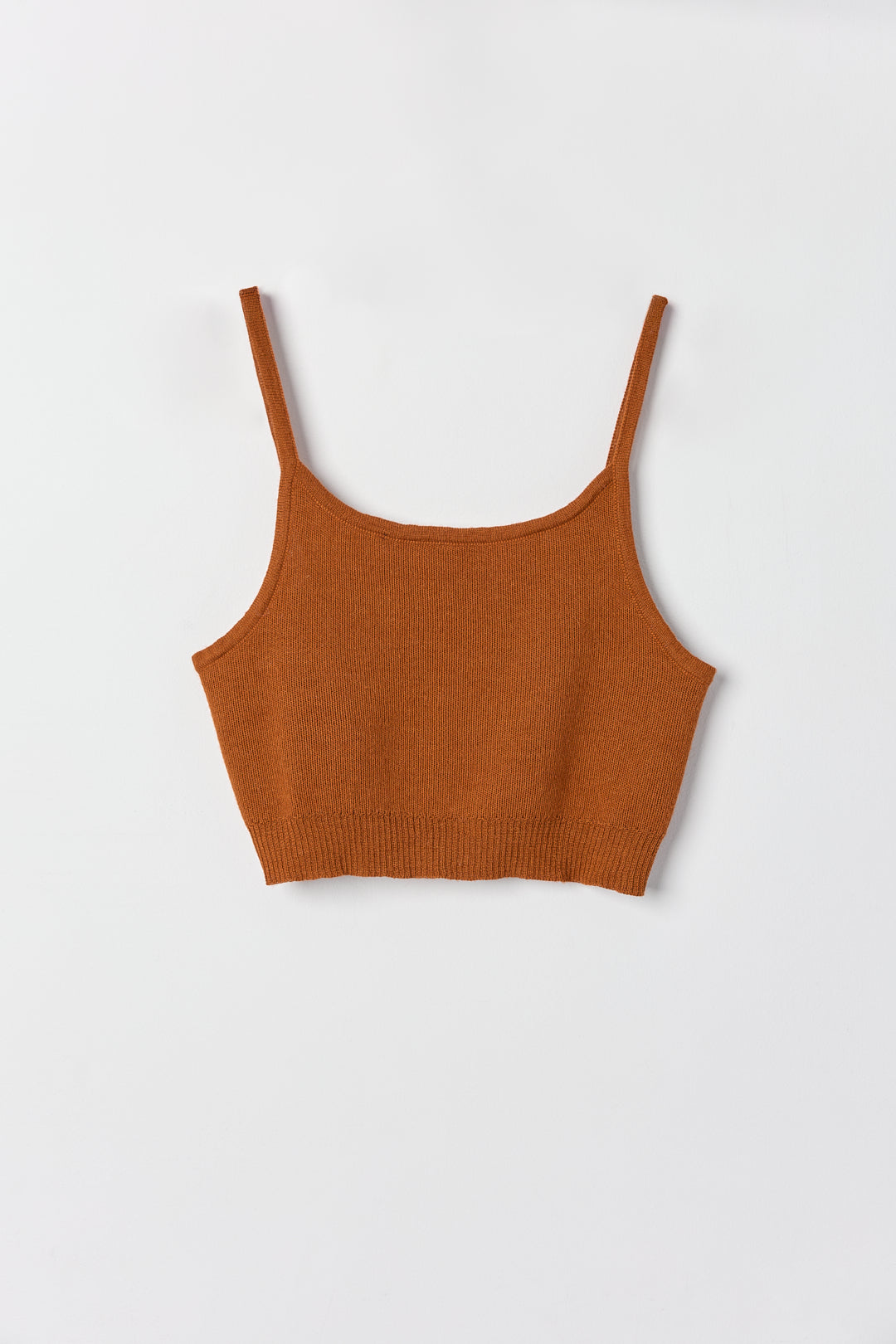 Halo Top in Burnt Orange, alpaca knit cropped top by Ahblo, flat lay