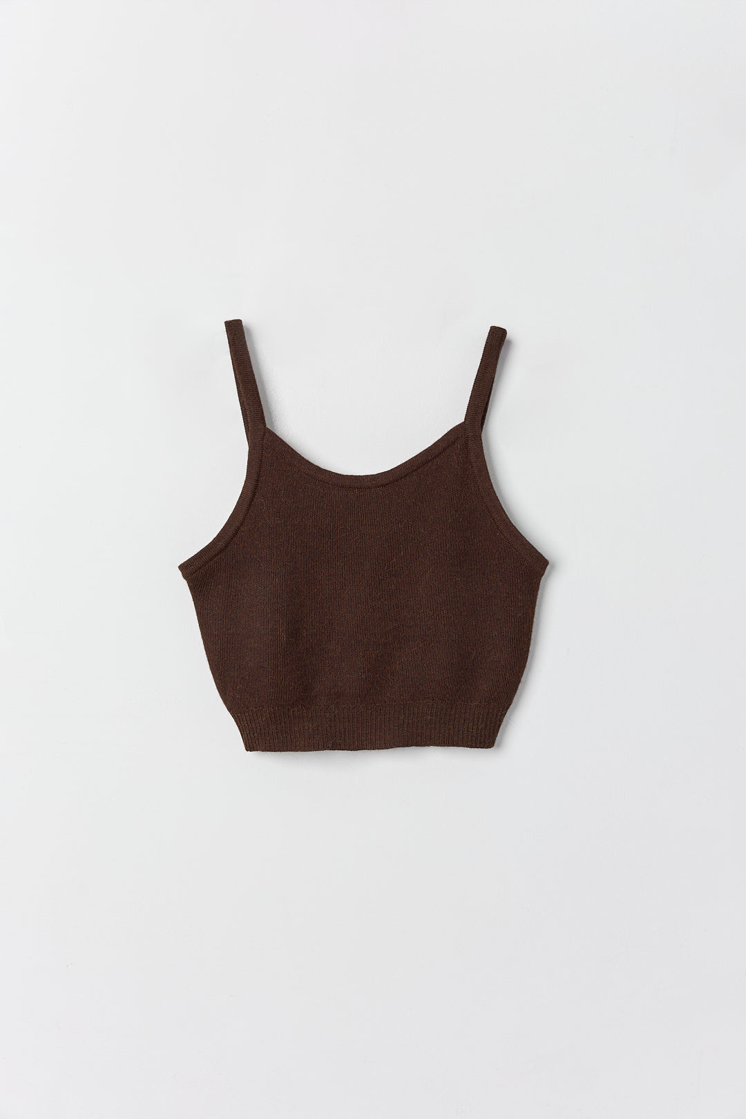Halo Top in Chocolate Brown, alpaca knit cropped top by Ahblo, flat lay