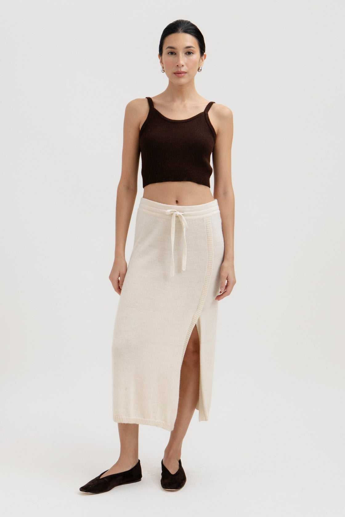 Halo Top in Chocolate Brown, alpaca knit cropped top by Ahblo, worn by model