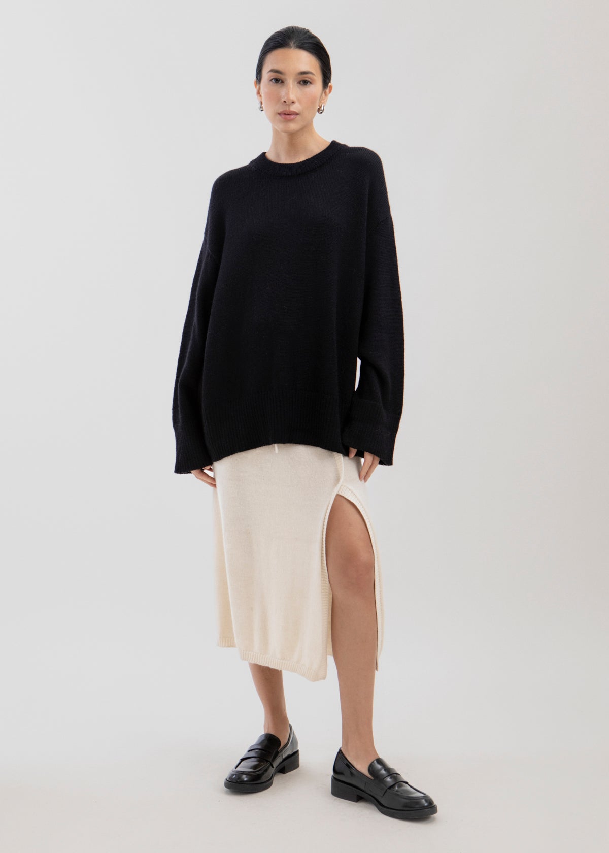Haven Crew in Black, baby alpaca crew-neck sweater by Ahblo, worn by model