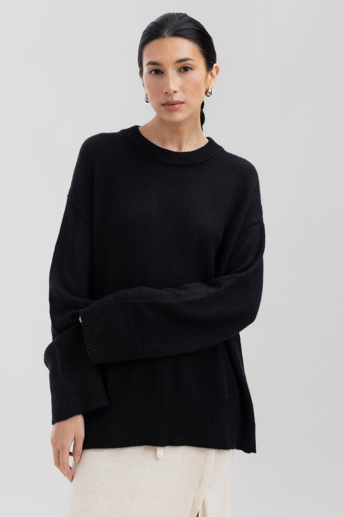 Haven Crew in Black, baby alpaca crew-neck sweater by Ahblo, worn by model
