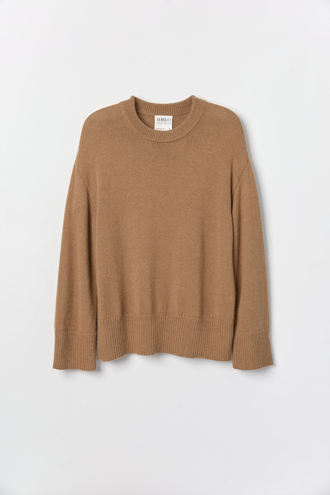 Haven Crew in Camel, baby alpaca crew-neck sweater by Ahblo, flat lay