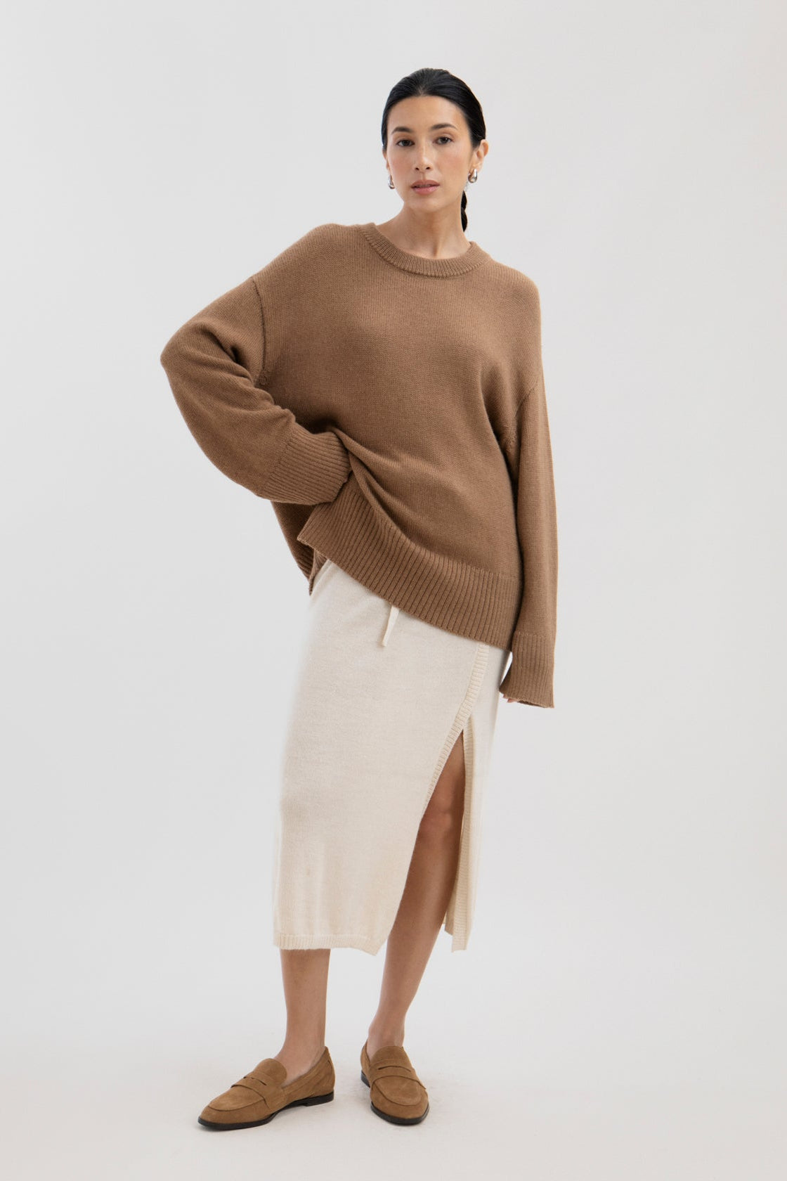 Haven Crew in Camel, baby alpaca crew-neck sweater by Ahblo, worn by model