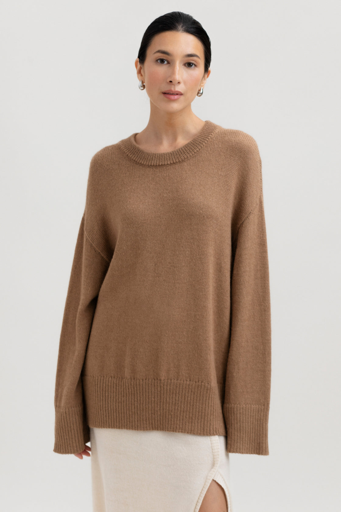 Haven Crew in Camel, baby alpaca crew-neck sweater by Ahblo, worn by model