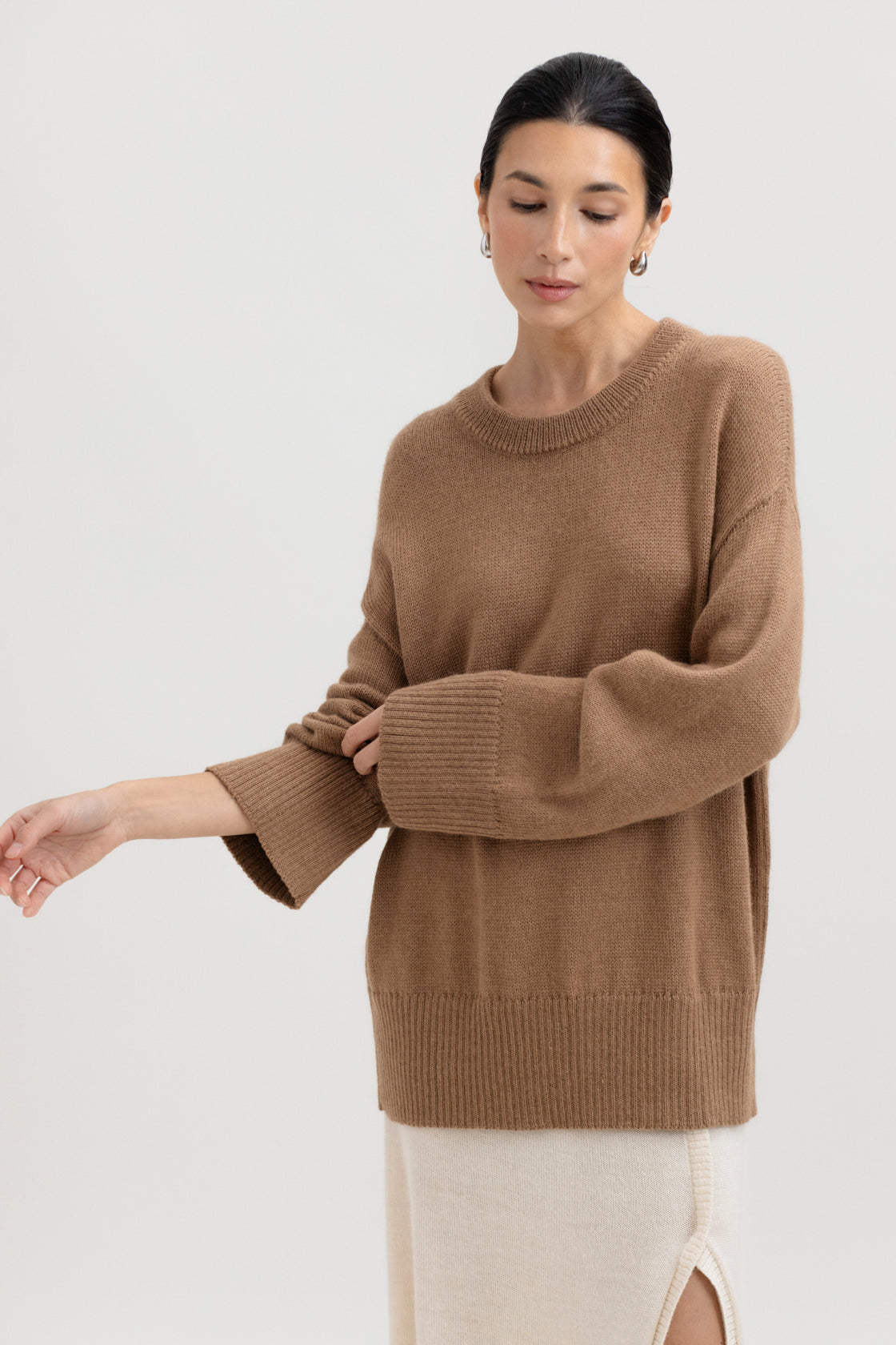 Haven Crew in Camel, baby alpaca crew-neck sweater by Ahblo, worn by model