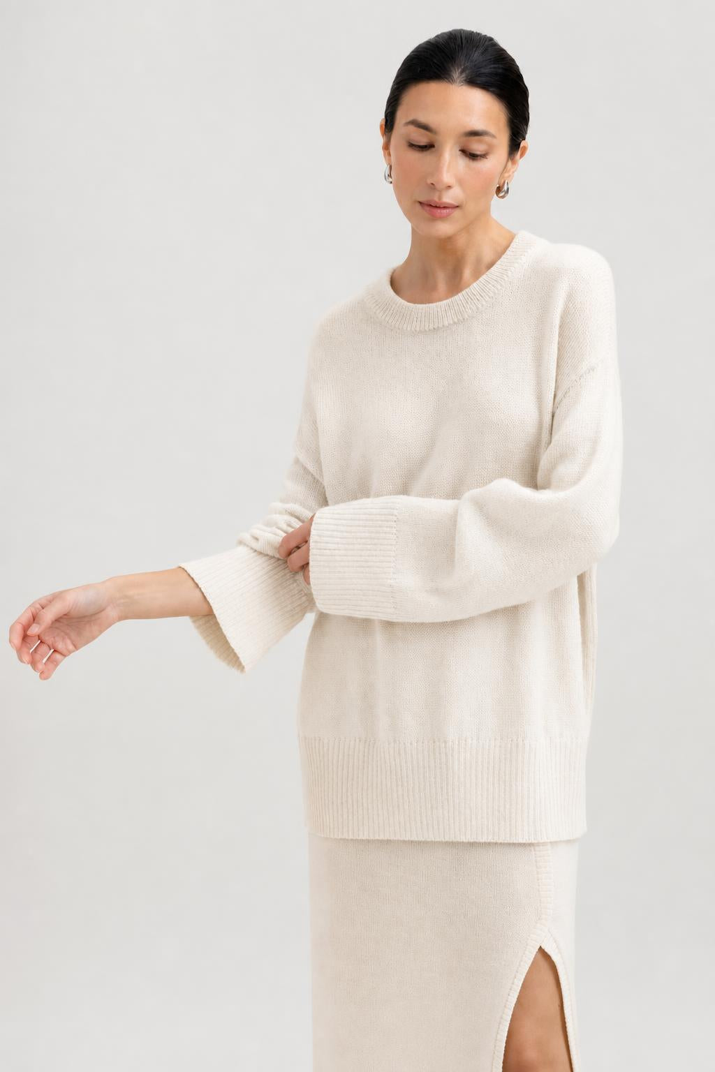 Haven Crew in Cream, baby alpaca crew-neck sweater by Ahblo, worn by model