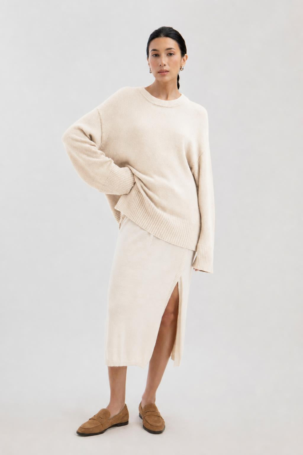 Haven Crew in Cream, baby alpaca crew-neck sweater by Ahblo, worn by model
