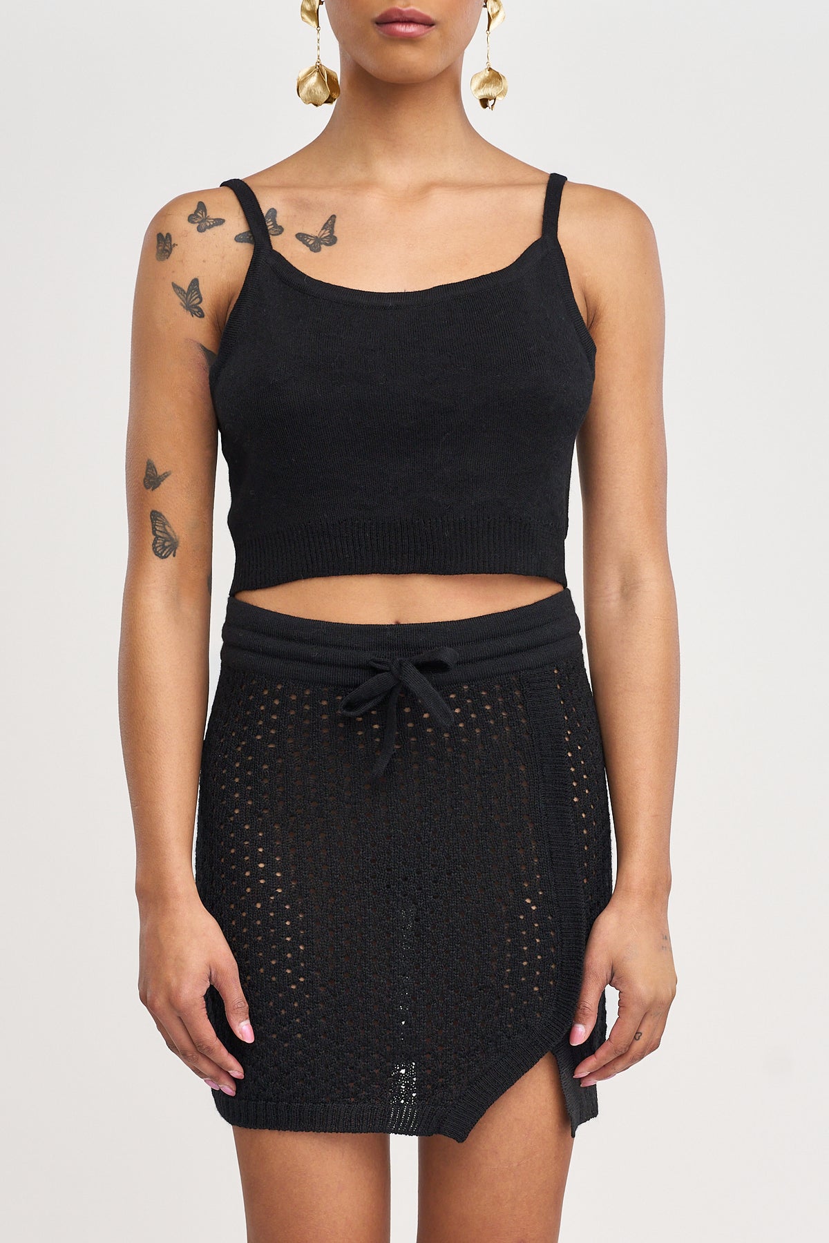 Lani Mini Skirt in Black, baby alpaca knit mini skirt by Ahblo, close-up