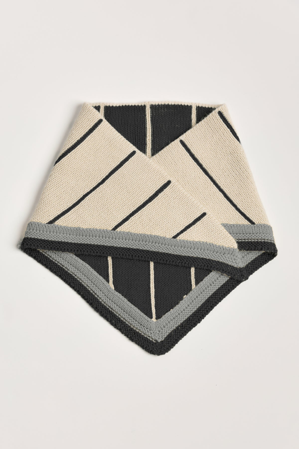 Lina Scarf in Grey, reversible striped baby alpaca triangle scarf by Ahblo, flat lay