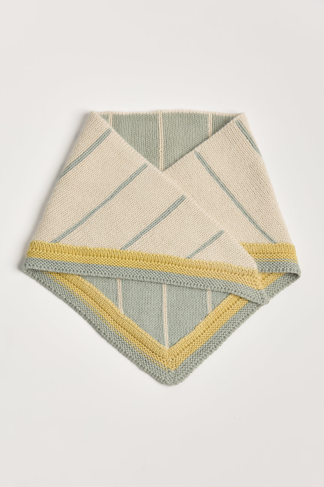 Lina Scarf in Sage, reversible striped baby alpaca triangle scarf by Ahblo, flat lay