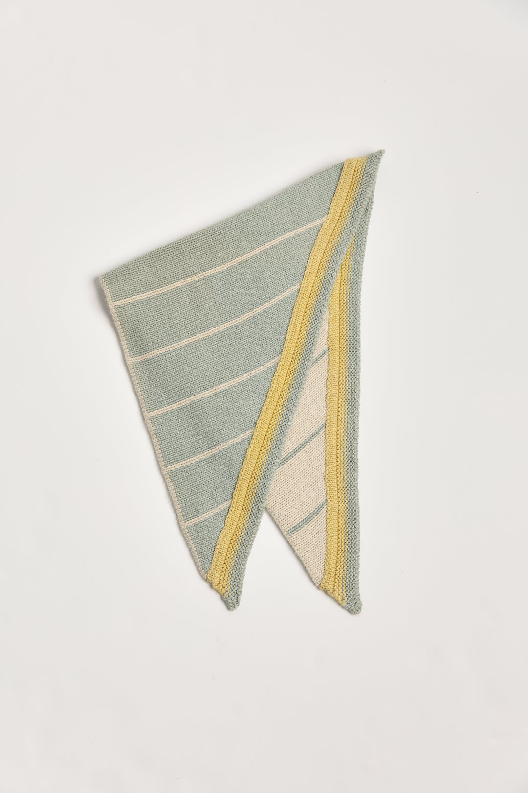 Lina Scarf in Sage, reversible striped baby alpaca triangle scarf by Ahblo, flat lay