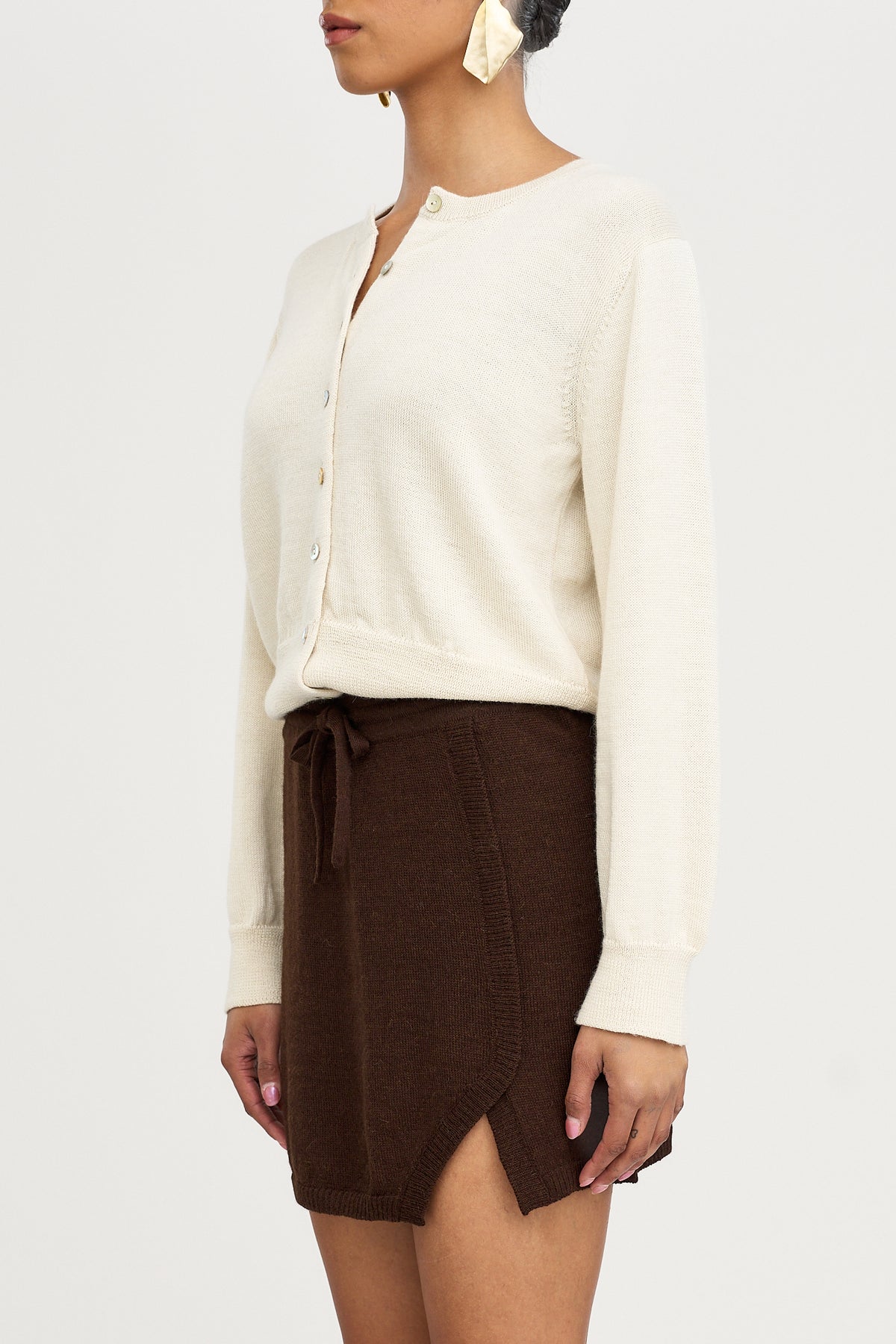 Lisa Mini Skirt in Chocolate Brown, baby alpaca jersey mini skirt by Ahblo, close-up