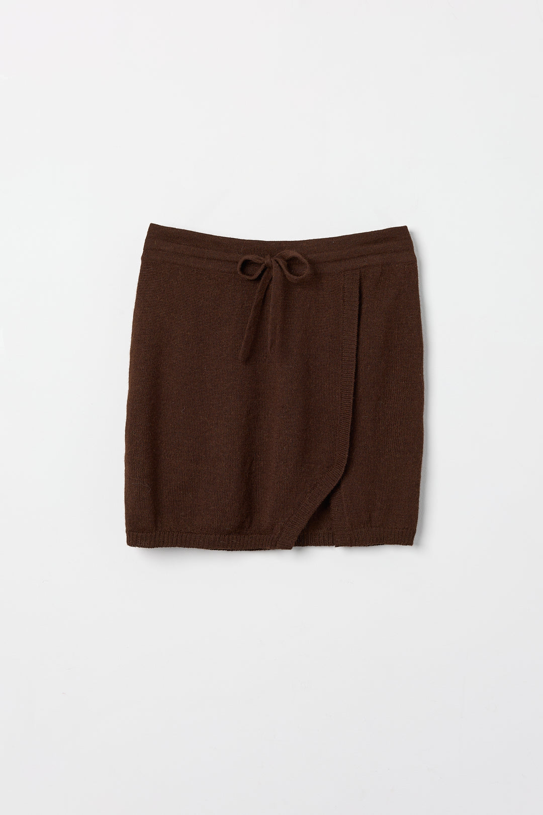 Lisa Mini Skirt in Chocolate Brown, baby alpaca jersey mini skirt by Ahblo, flat lay