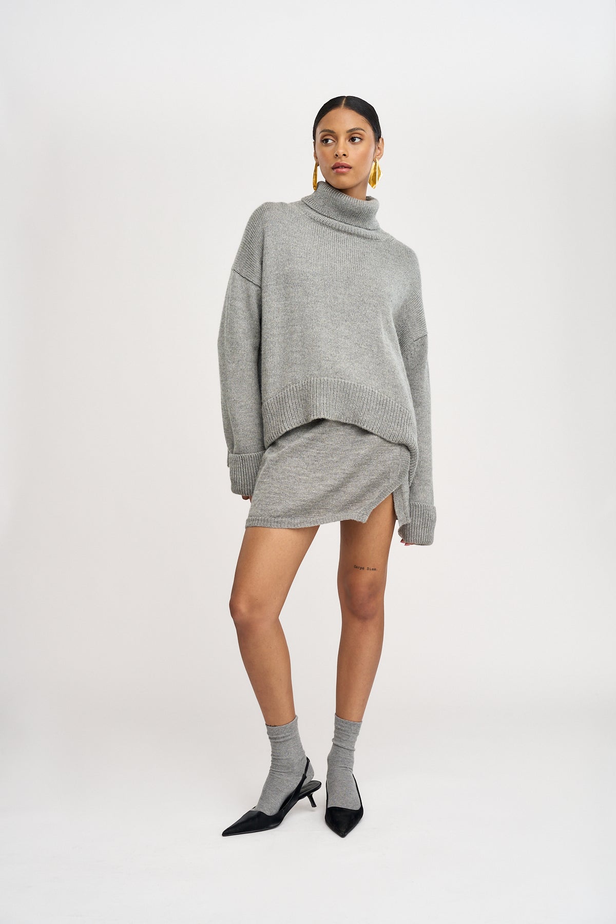 Lisa Mini Skirt in Mist Grey, baby alpaca jersey mini skirt by Ahblo, front view