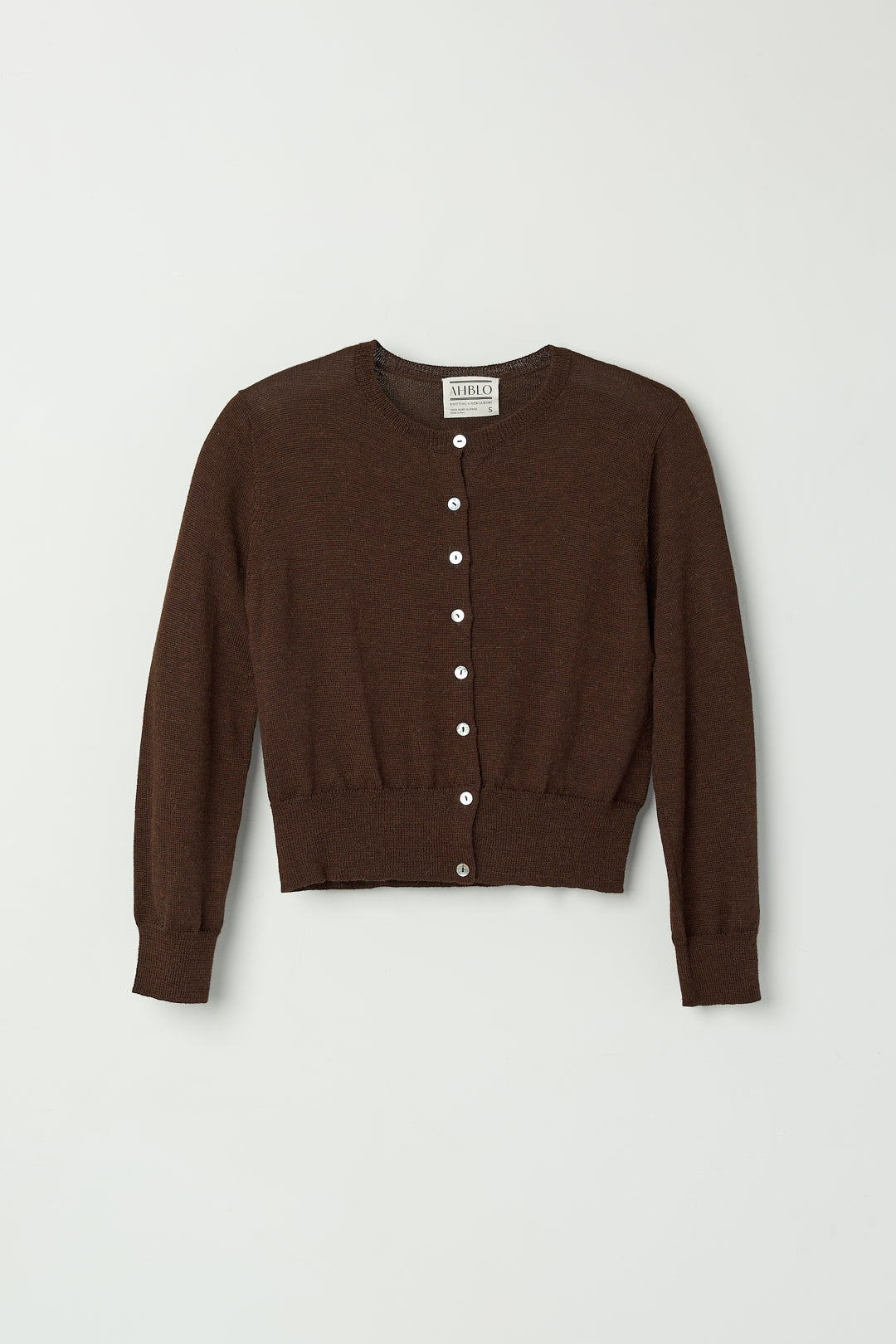 Lulu Cardigan in Chocolate Brown, alpaca cardigan by Ahblo, flat lay