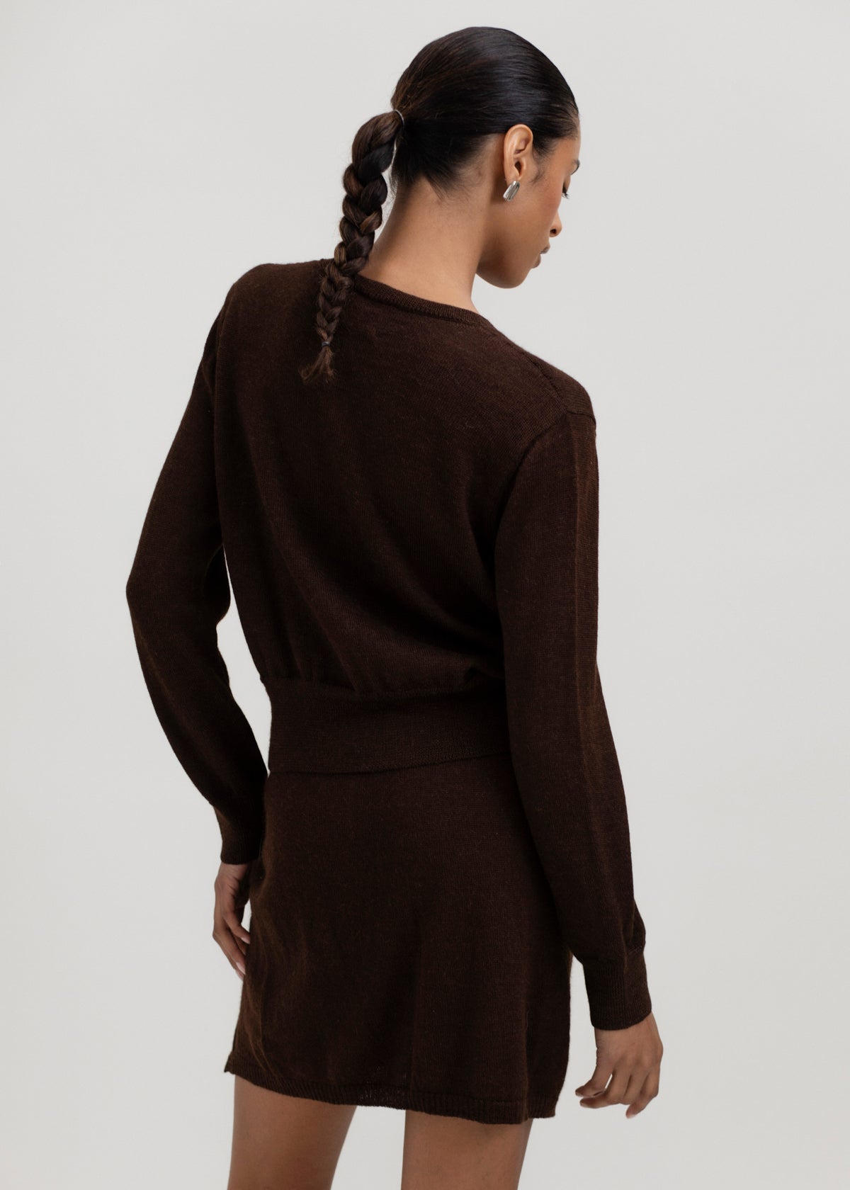 Lulu Cardigan in Chocolate Brown, alpaca cardigan by Ahblo, worn by model