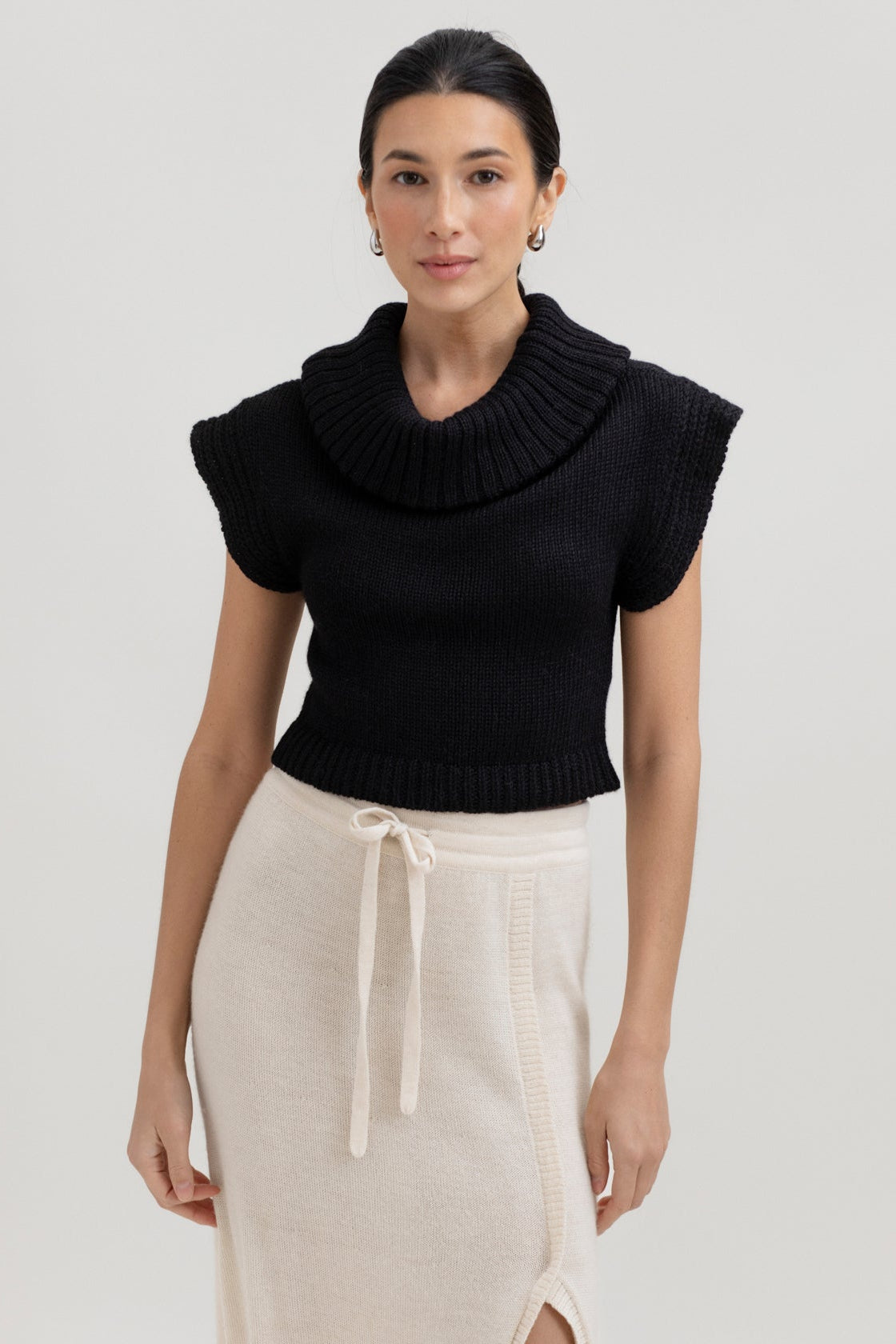 Luna Top in Black, baby alpaca knit top by Ahblo, worn by model