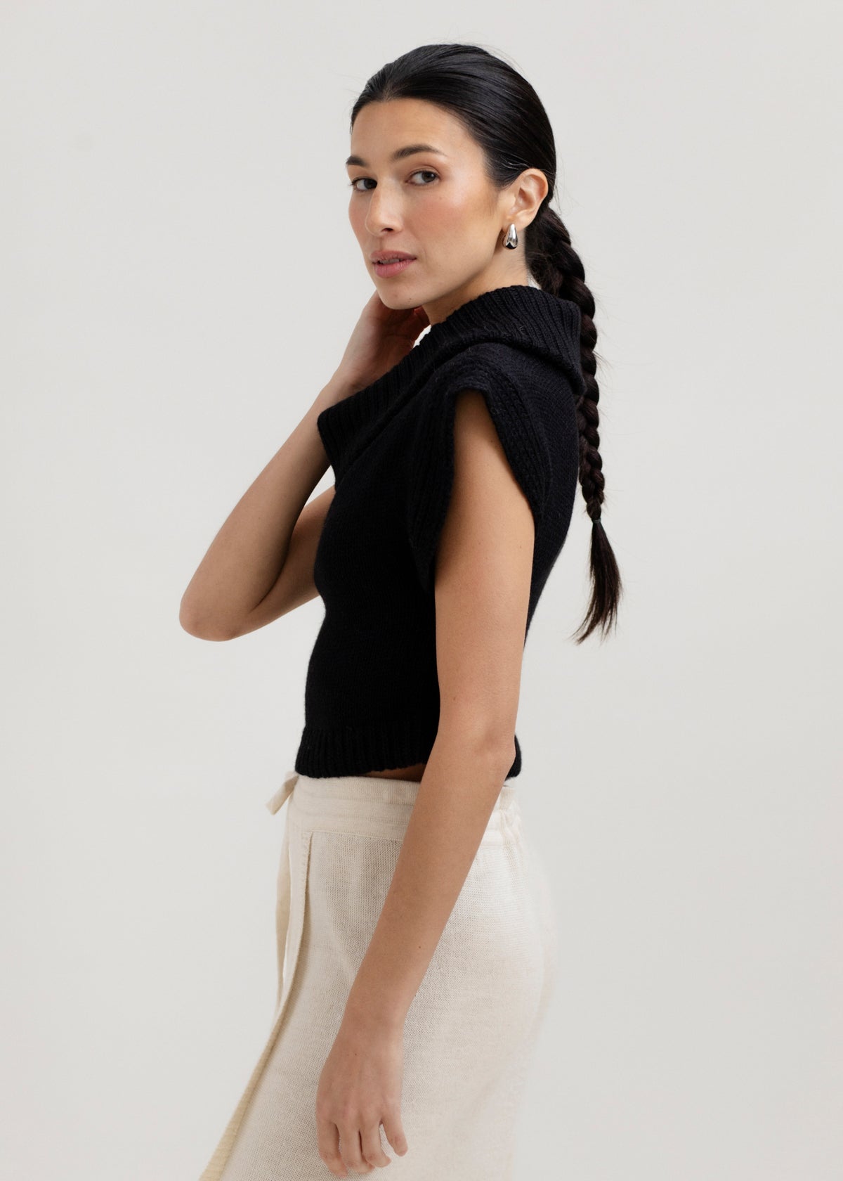 Luna Top in Black, baby alpaca knit top by Ahblo, worn by model