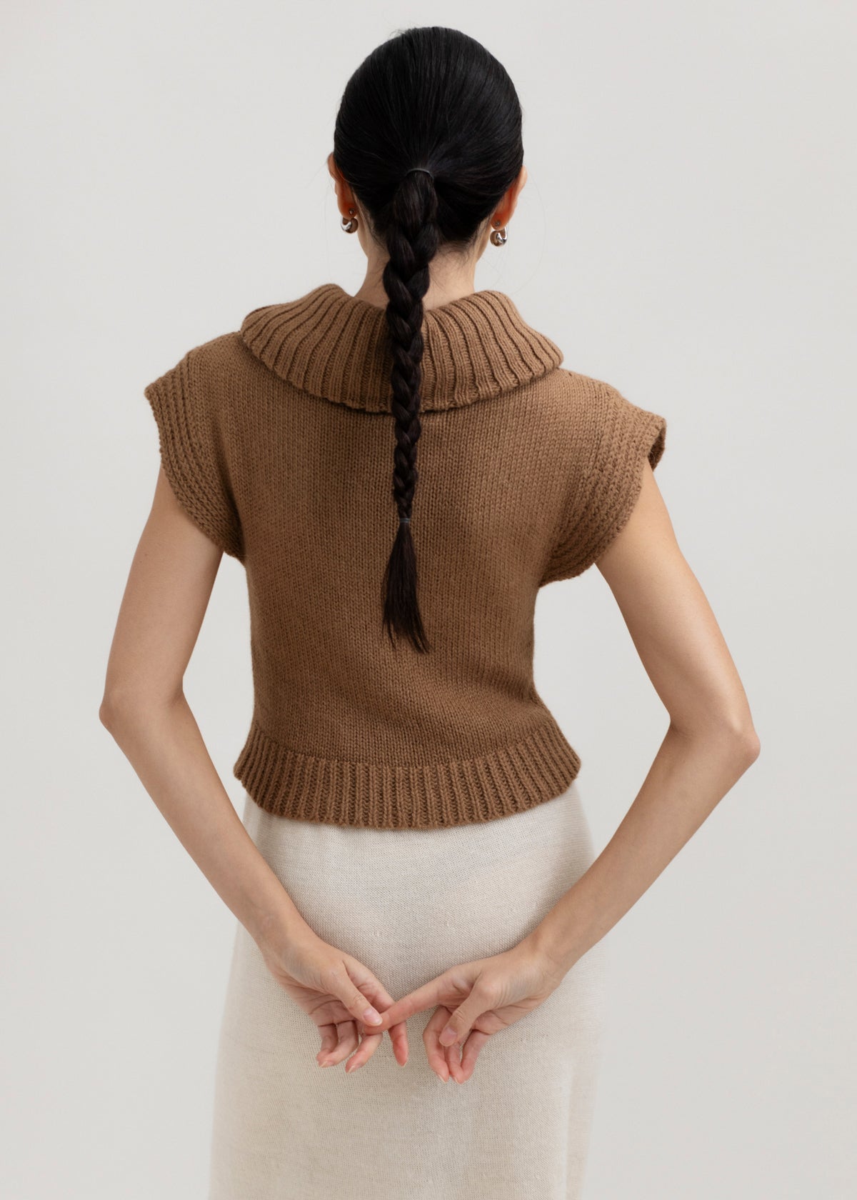 Luna Top in Caramel, baby alpaca knit top by Ahblo, worn by model
