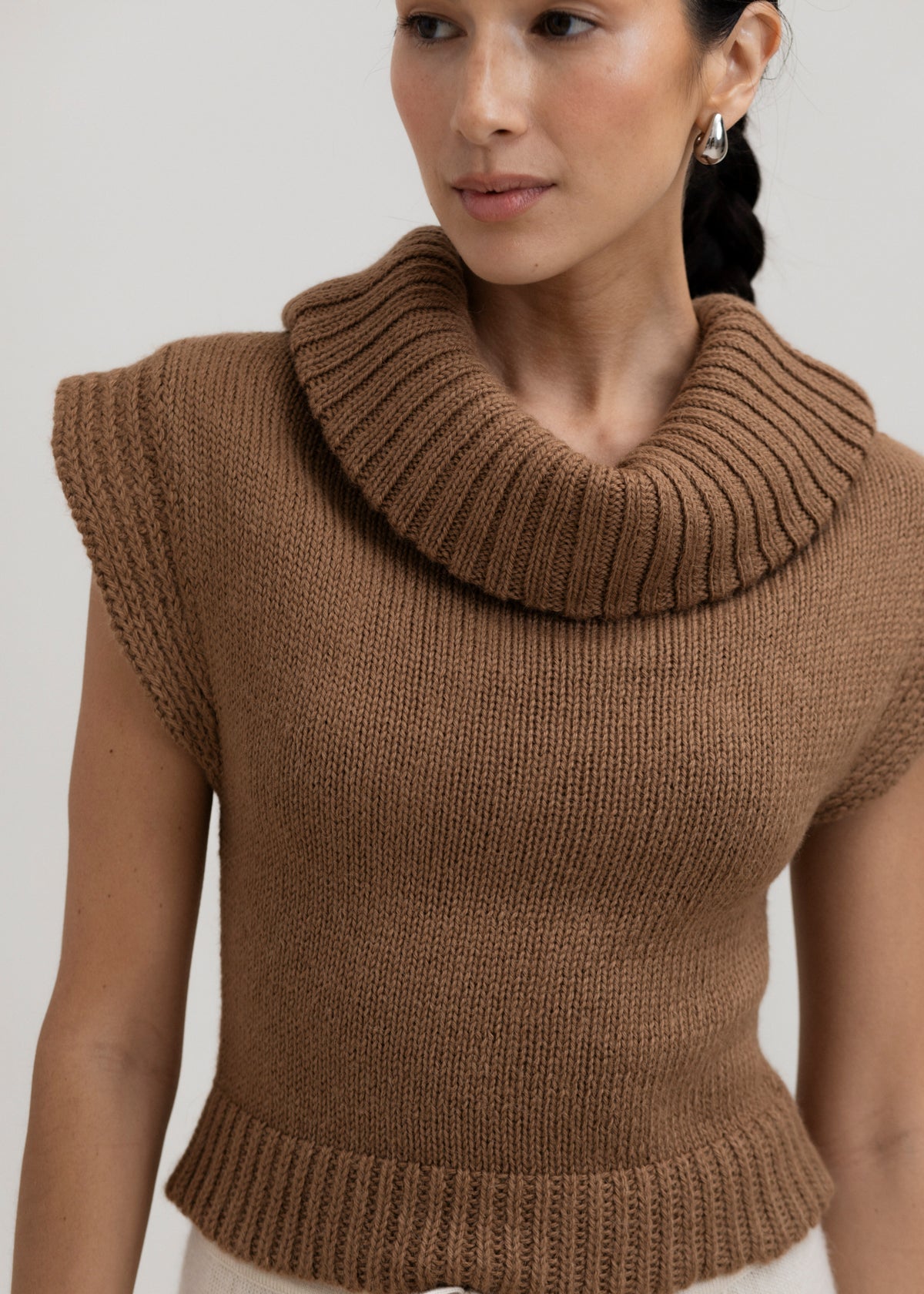 Luna Top in Caramel, baby alpaca knit top by Ahblo, worn by model