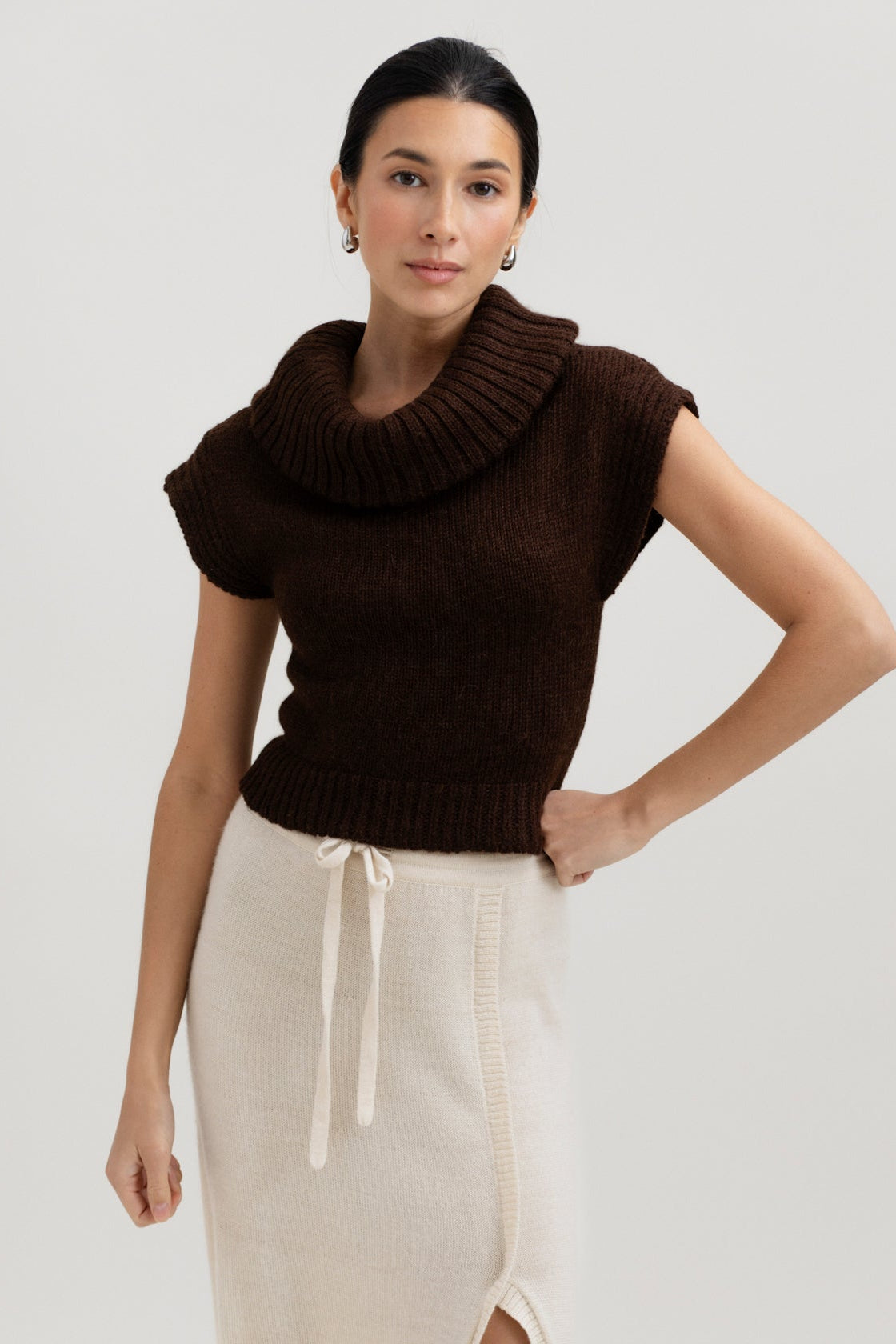 Luna Top in Chocolate Brown, baby alpaca knit top by Ahblo, worn by model