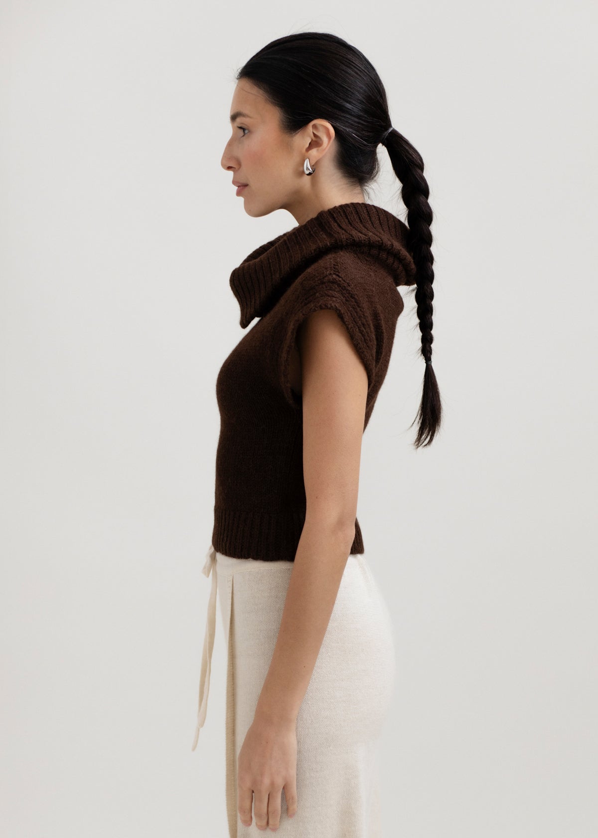 Luna Top in Chocolate Brown, baby alpaca knit top by Ahblo, worn by model