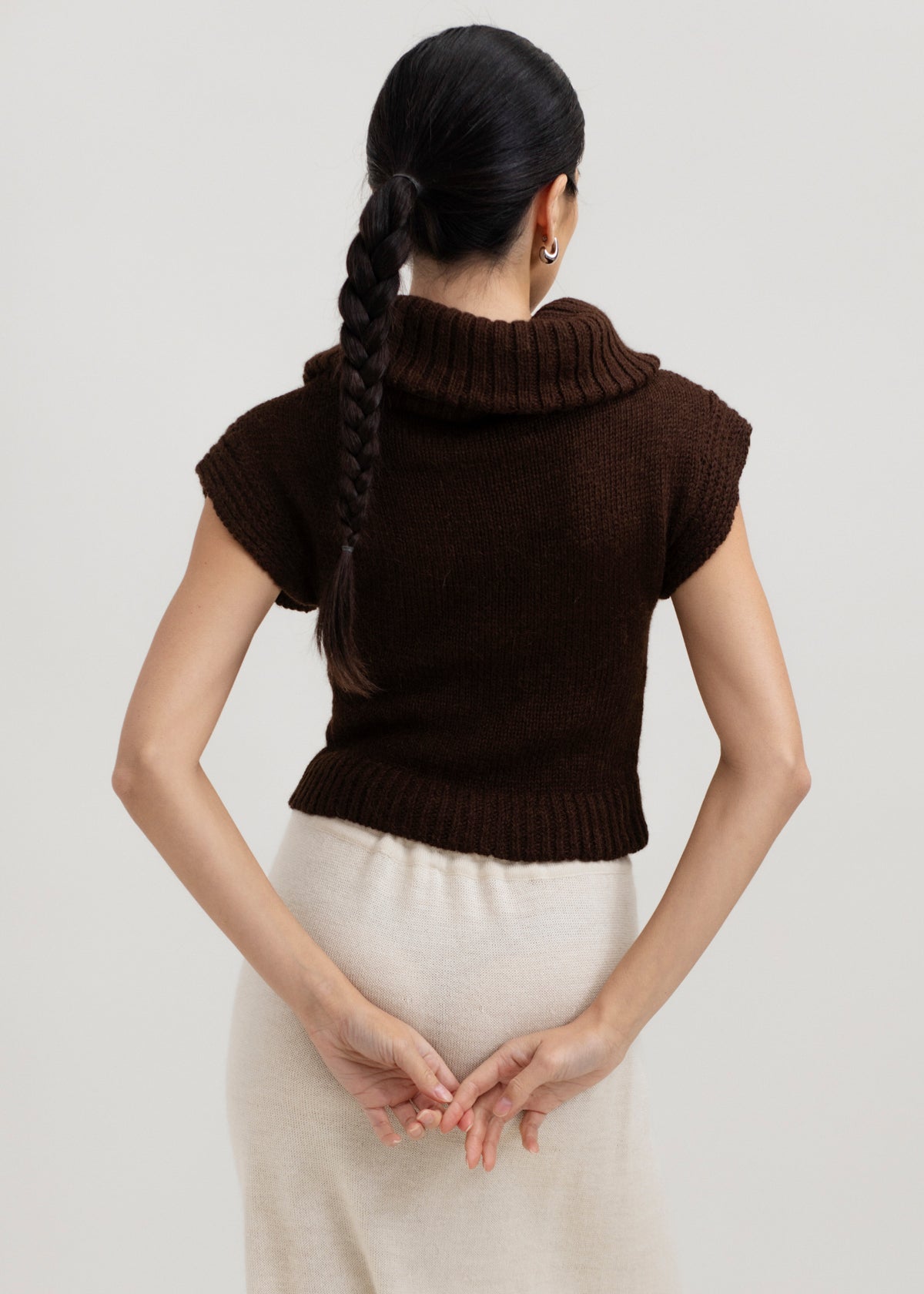 Luna Top in Chocolate Brown, baby alpaca knit top by Ahblo, worn by model