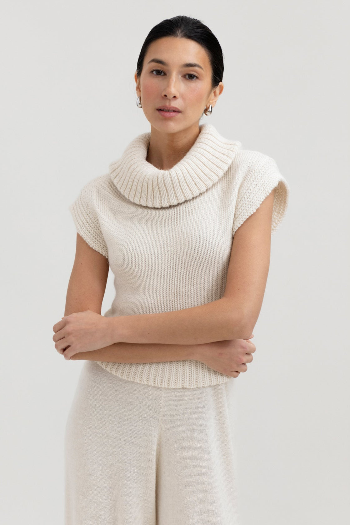 Luna Top in Cream, baby alpaca knit top by Ahblo, worn by model