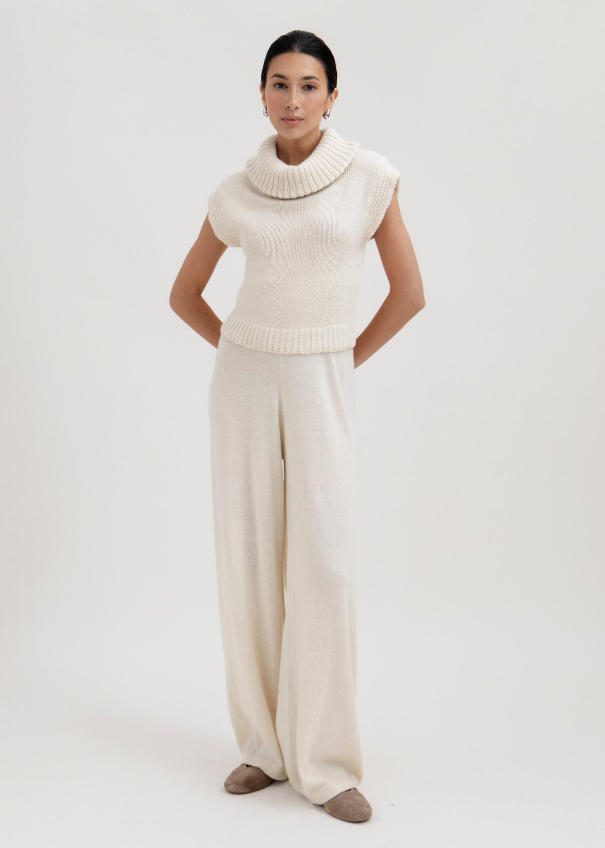 Luna Top in Cream, baby alpaca knit top by Ahblo, worn by model