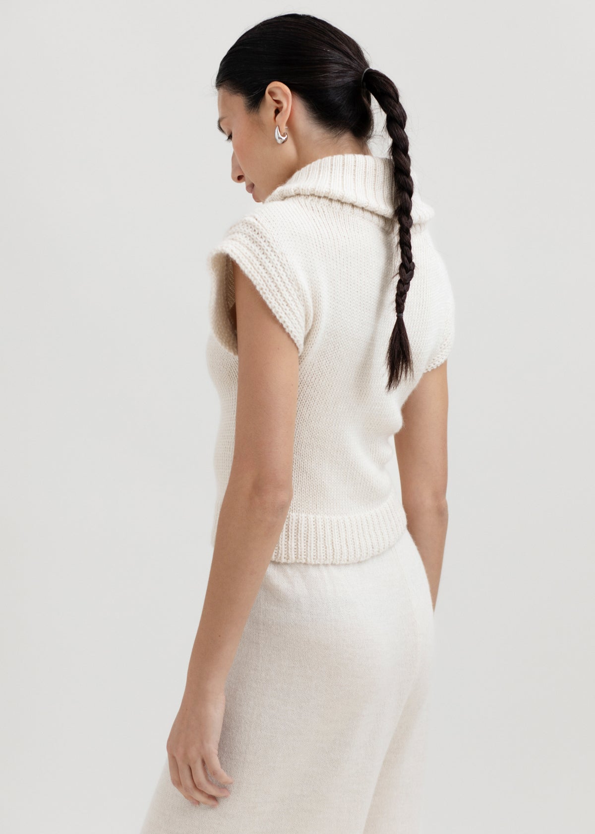 Luna Top in Cream, baby alpaca knit top by Ahblo, worn by model