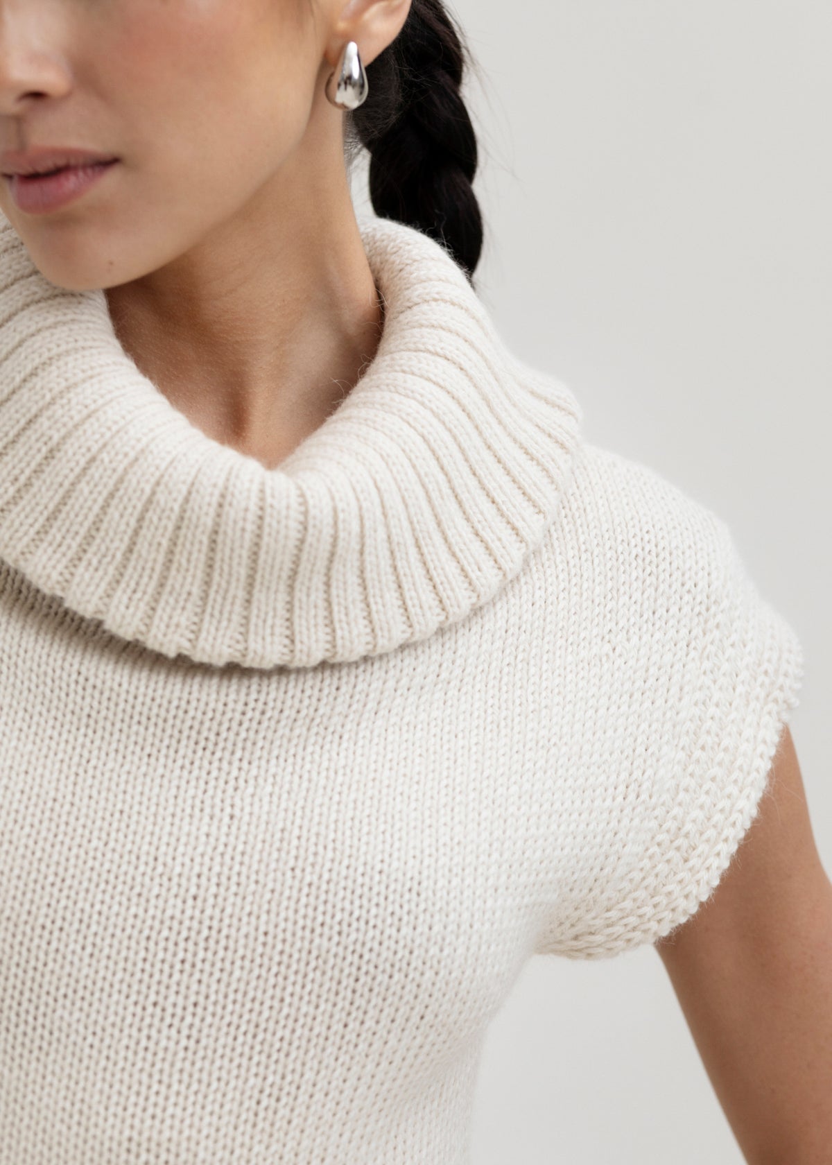 Luna Top in Cream, baby alpaca knit top by Ahblo, worn by model