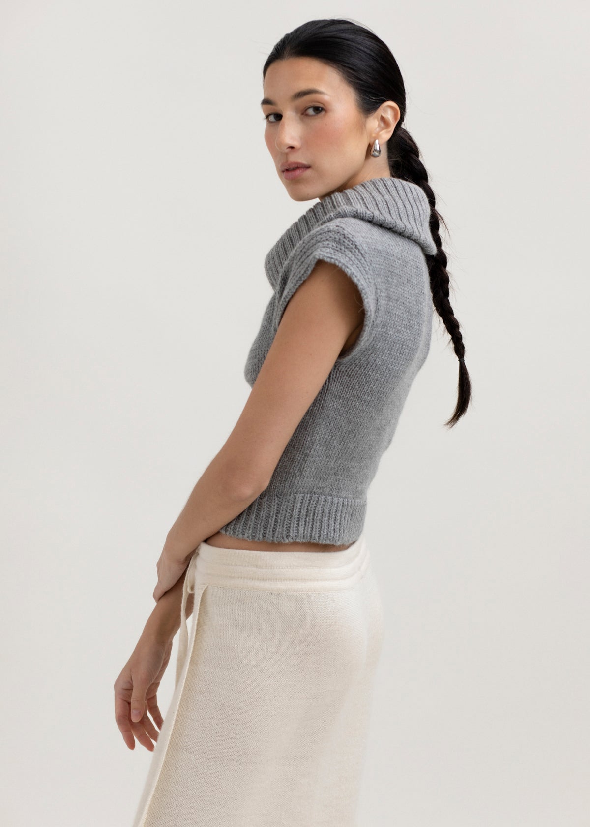 Luna Top in Mist Grey, baby alpaca knit top by Ahblo, worn by model