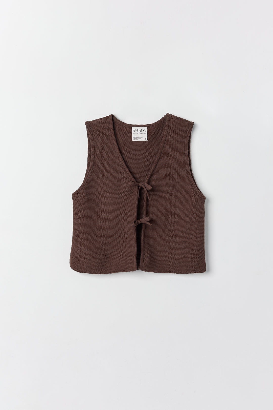 Luzia Vest in Chocolate Brown, cotton and baby alpaca knit vest by Ahblo, flat lay