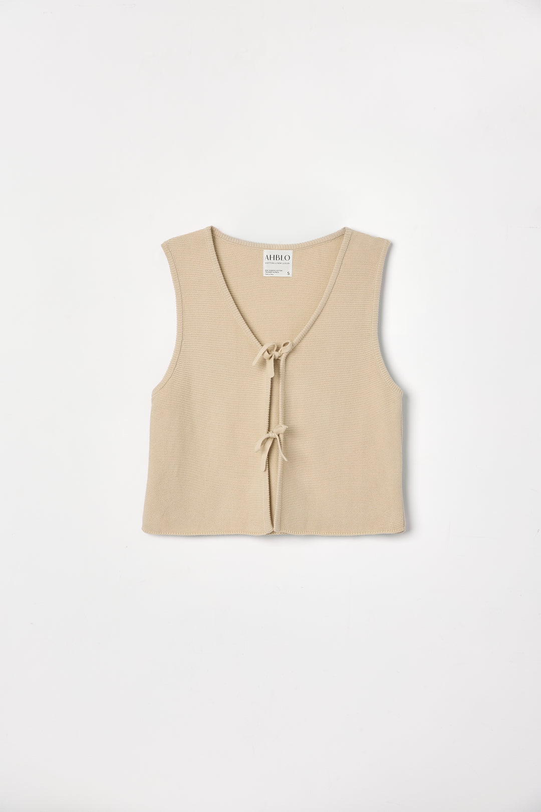 Luzia Vest in Praline, cotton and baby alpaca knit vest by Ahblo, flat lay